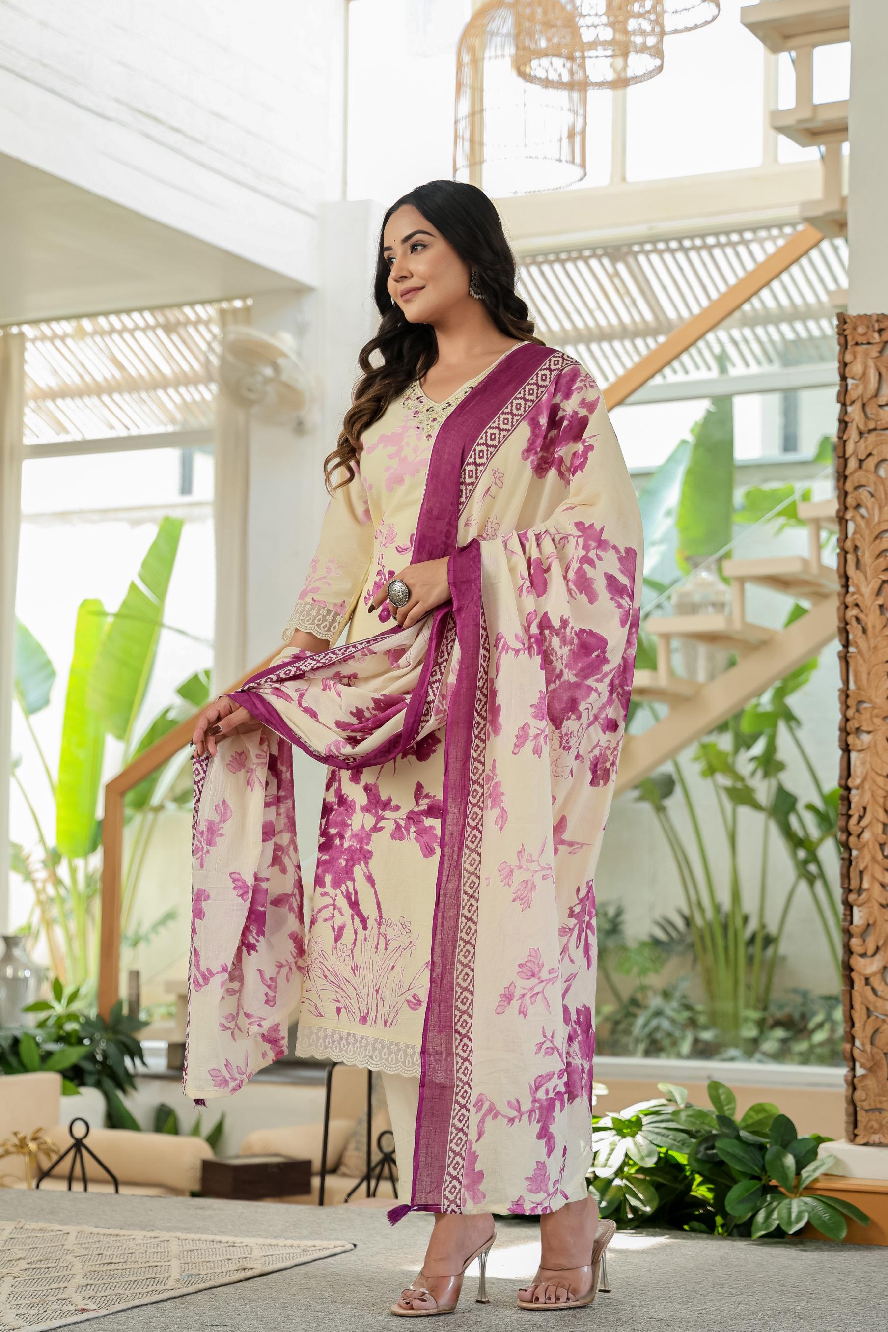Purple Pure Cotton Kurta Set | Embroidery Work
