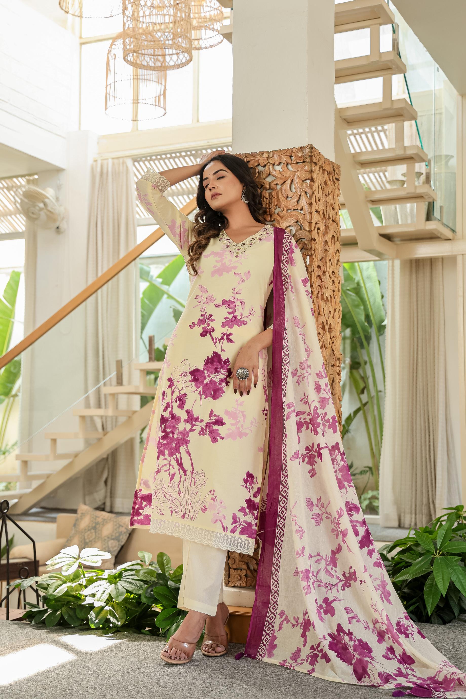Purple Pure Cotton Kurta Set | Embroidery Work