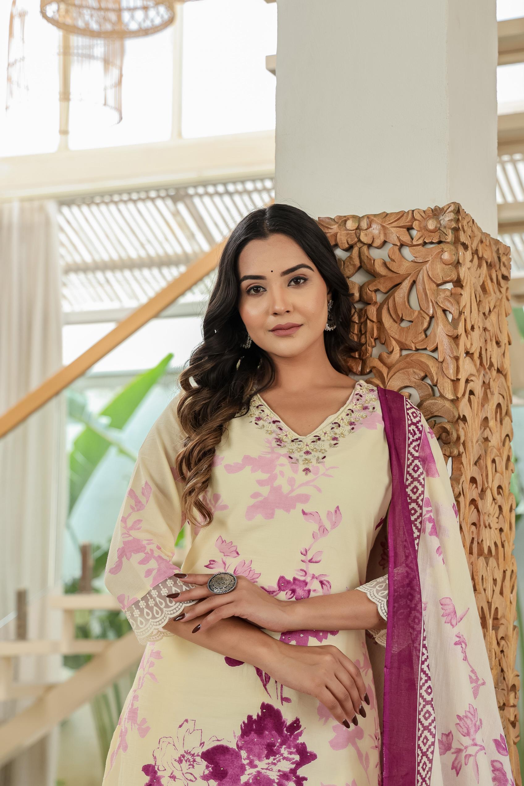 Purple Pure Cotton Kurta Set | Embroidery Work