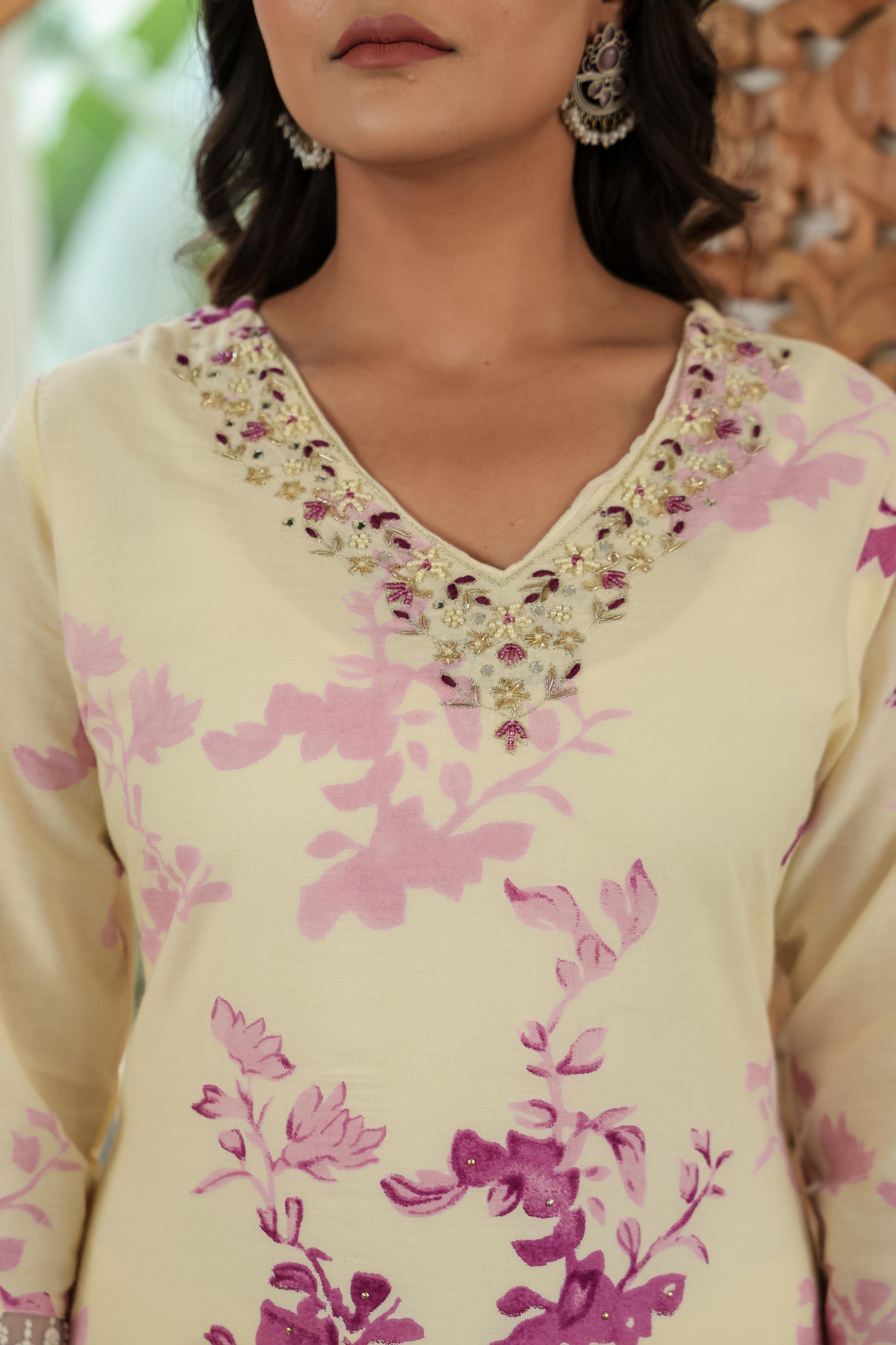 Purple Pure Cotton Kurta Set | Embroidery Work