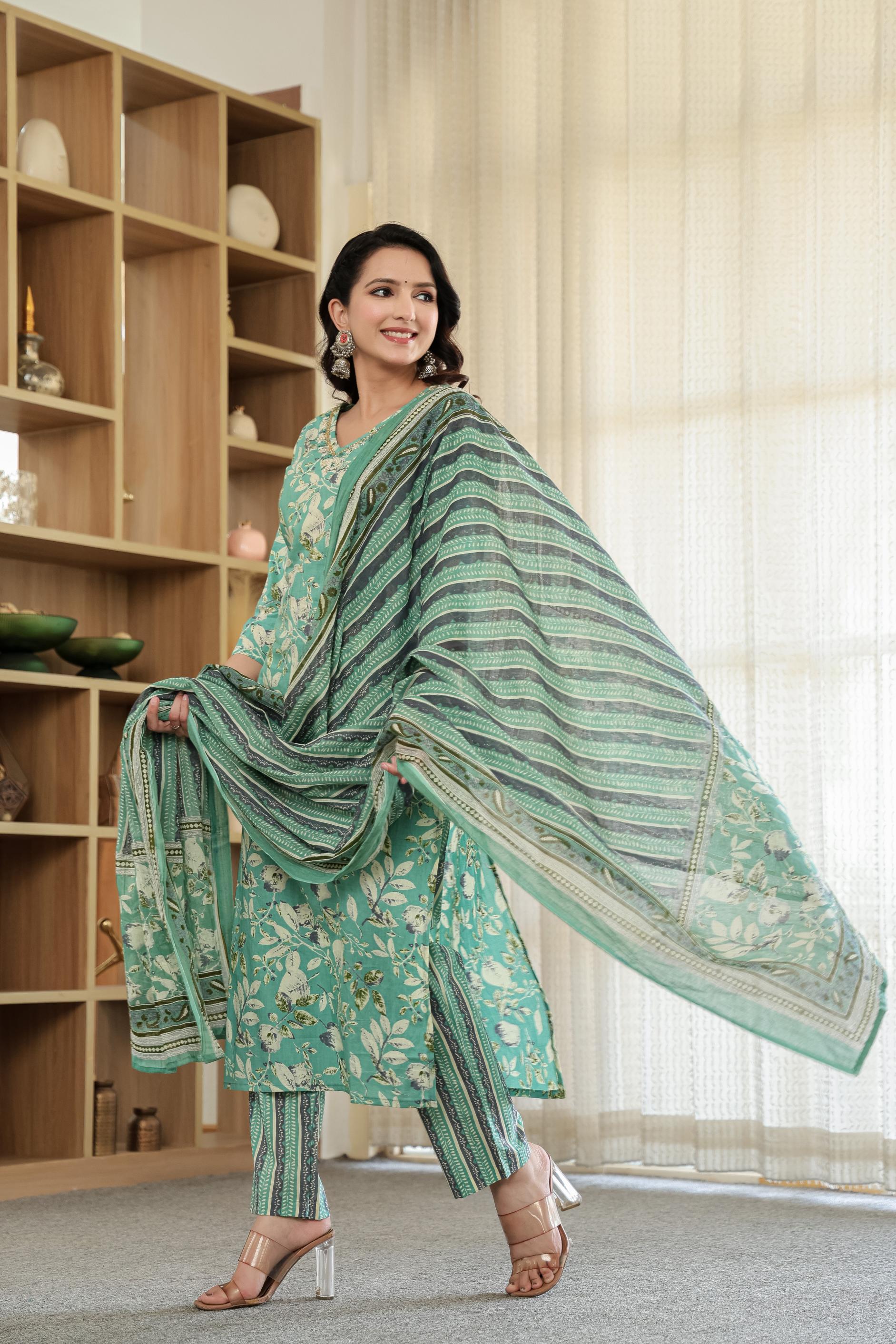 Green  Whisper Floral Kurta Set