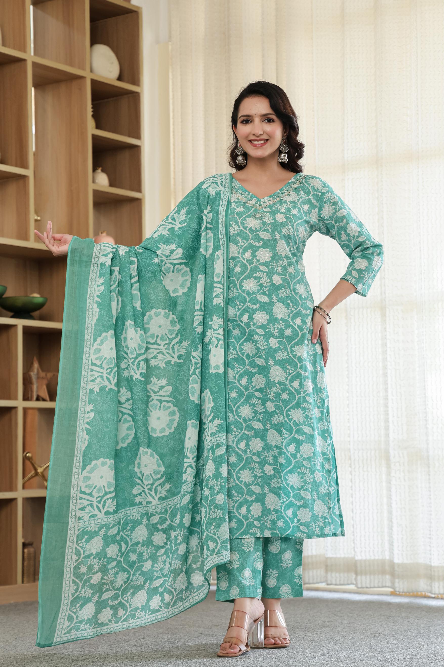 Green Blossom Harmony - Premium Cotton Suit Set