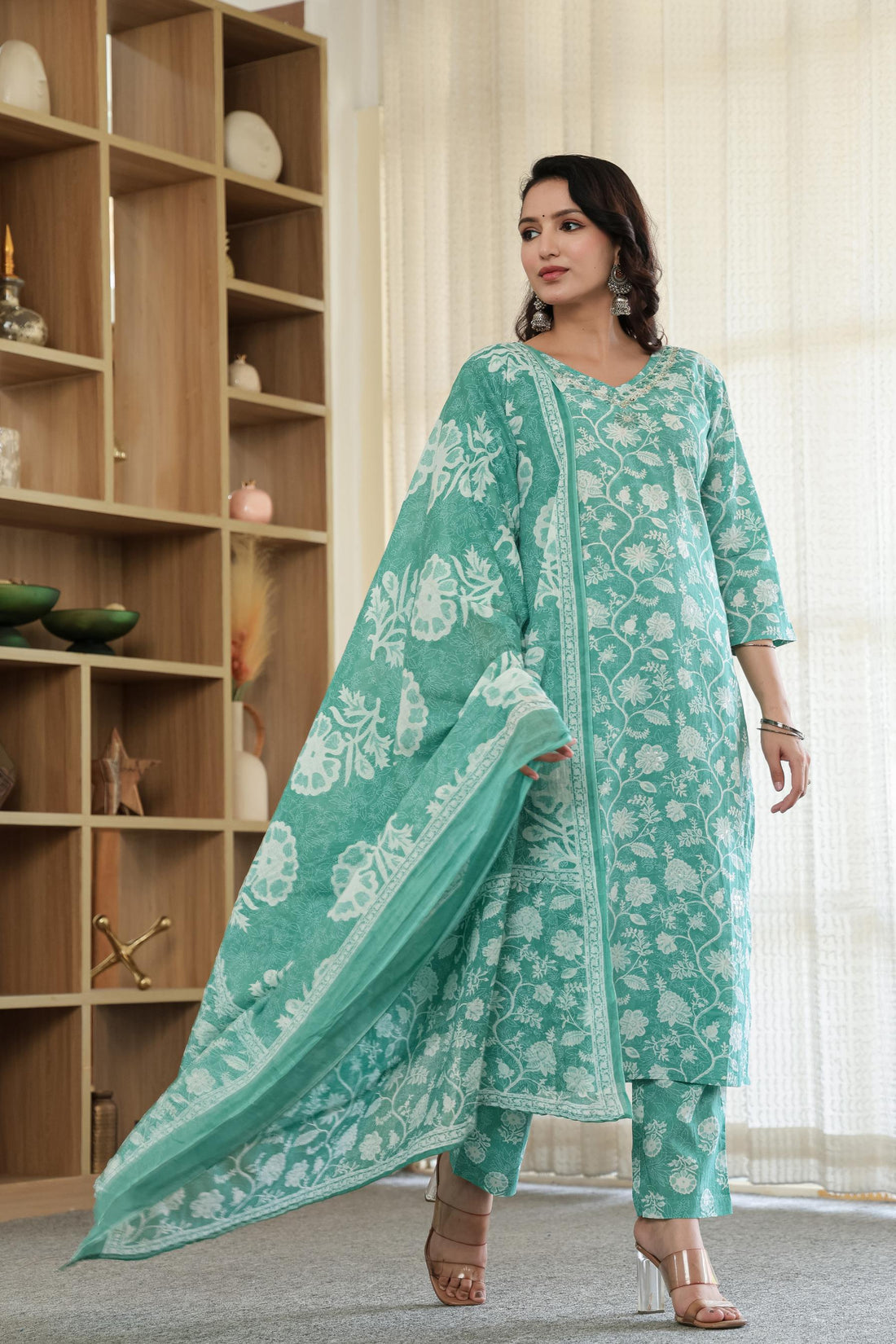 Green Blossom Harmony - Premium Cotton Suit Set