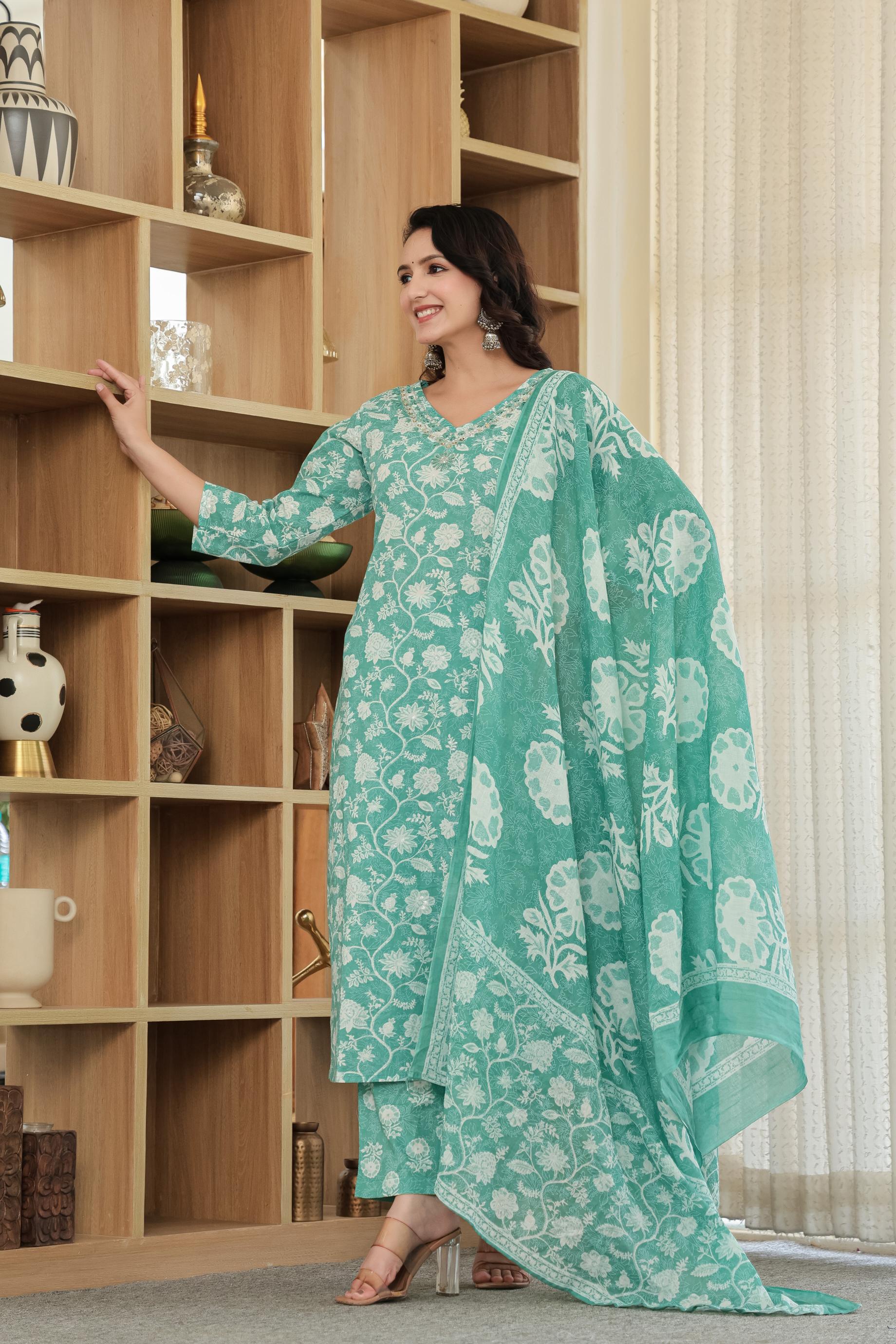 Green Blossom Harmony - Premium Cotton Suit Set