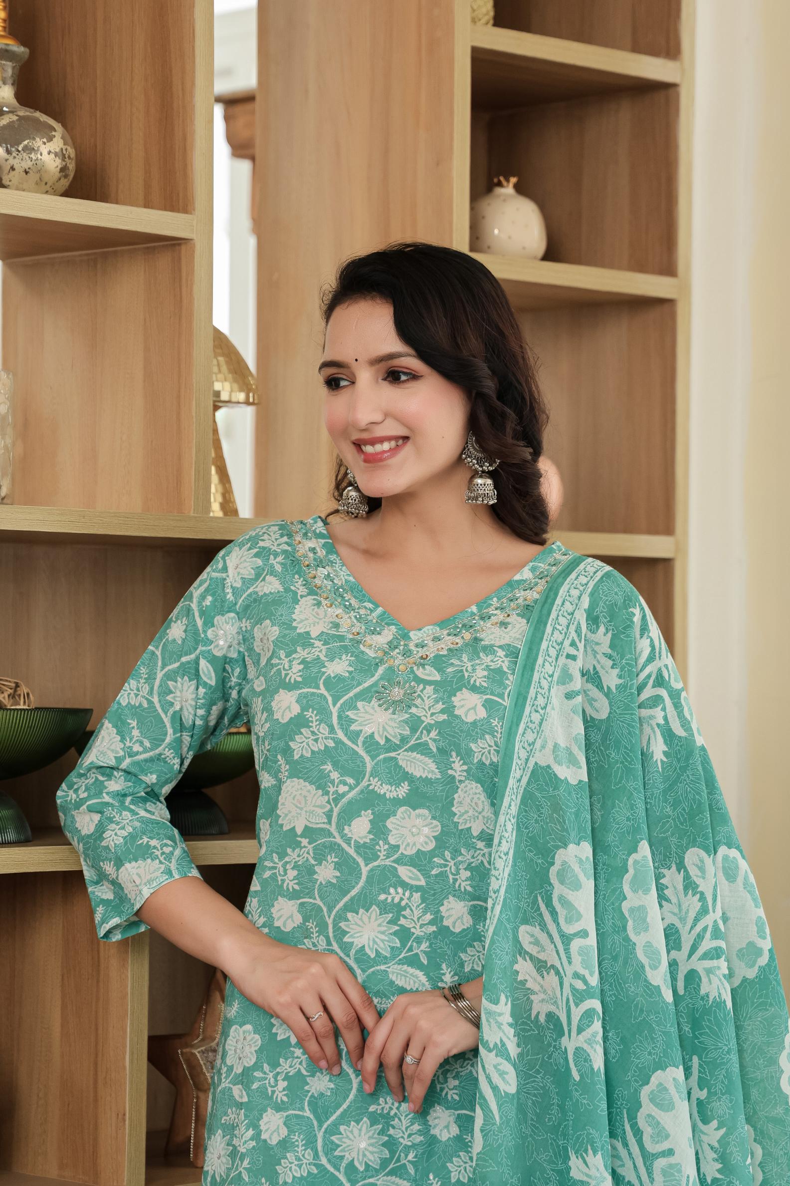 Green Blossom Harmony - Premium Cotton Suit Set