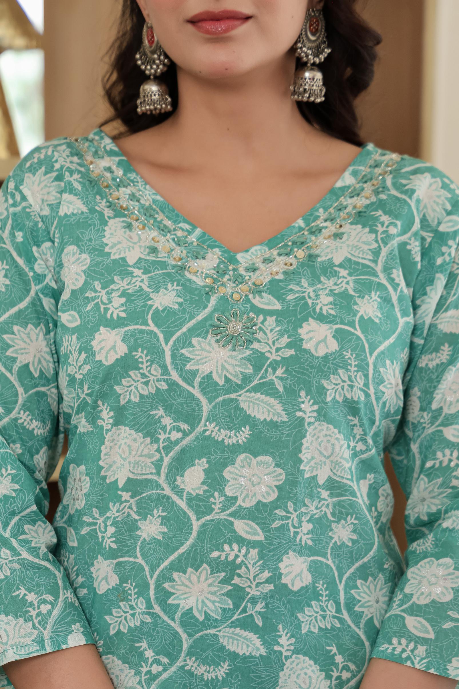 Green Blossom Harmony - Premium Cotton Suit Set
