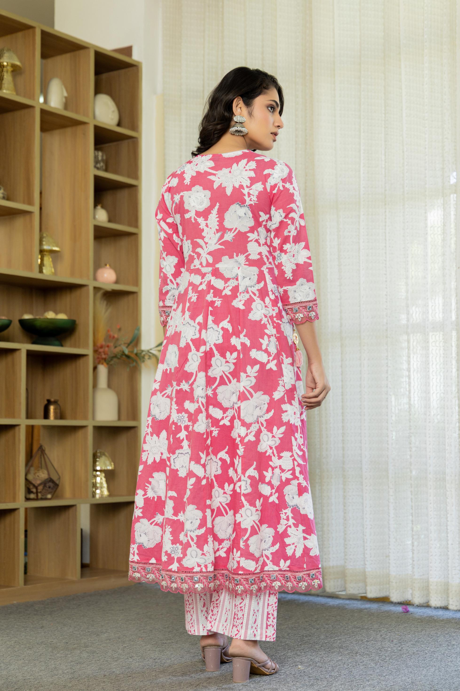 Samaira Pink Cotton Anarkali Set with Dupatta | Floral Embroidery