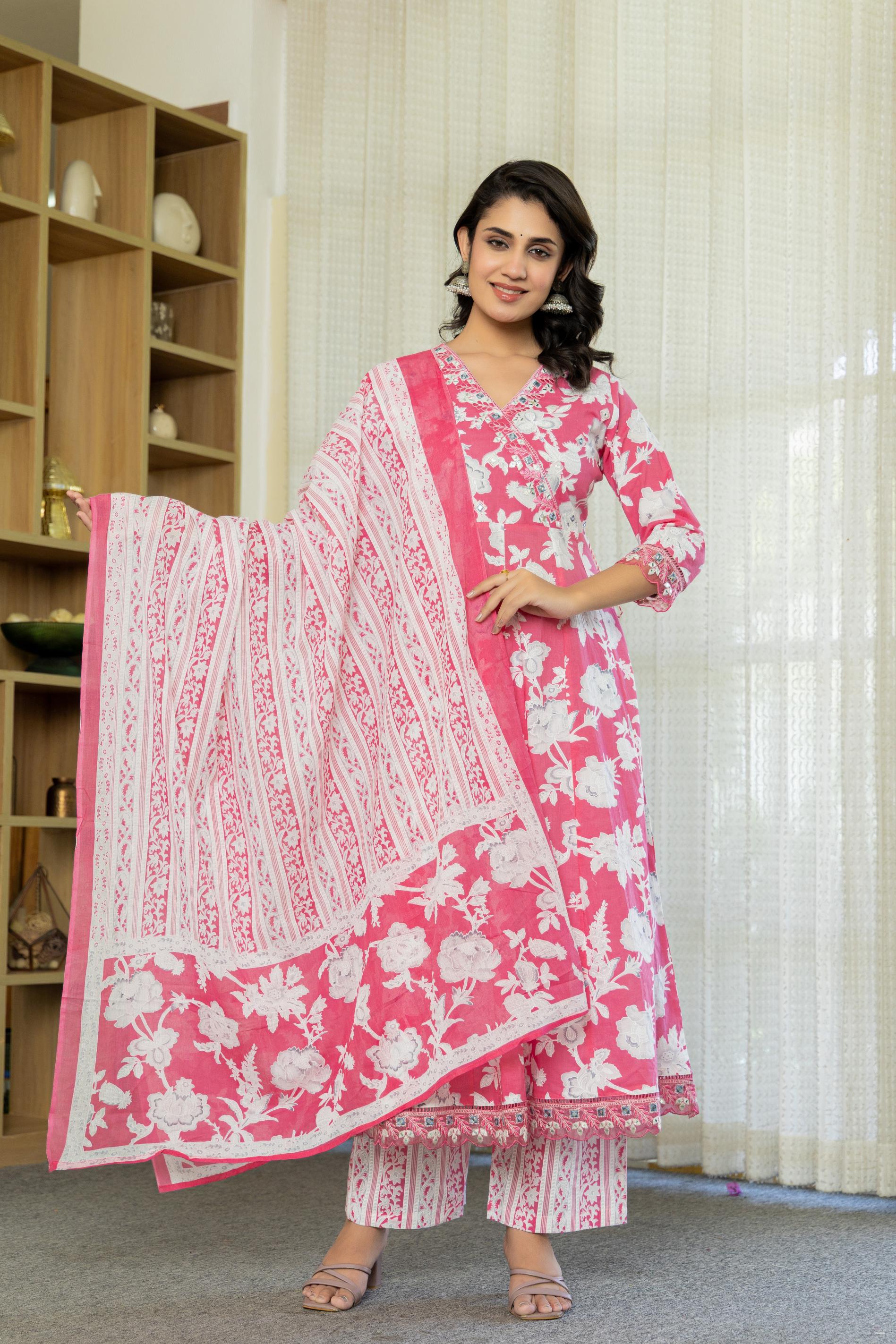 Samaira Pink Cotton Anarkali Set with Dupatta | Floral Embroidery