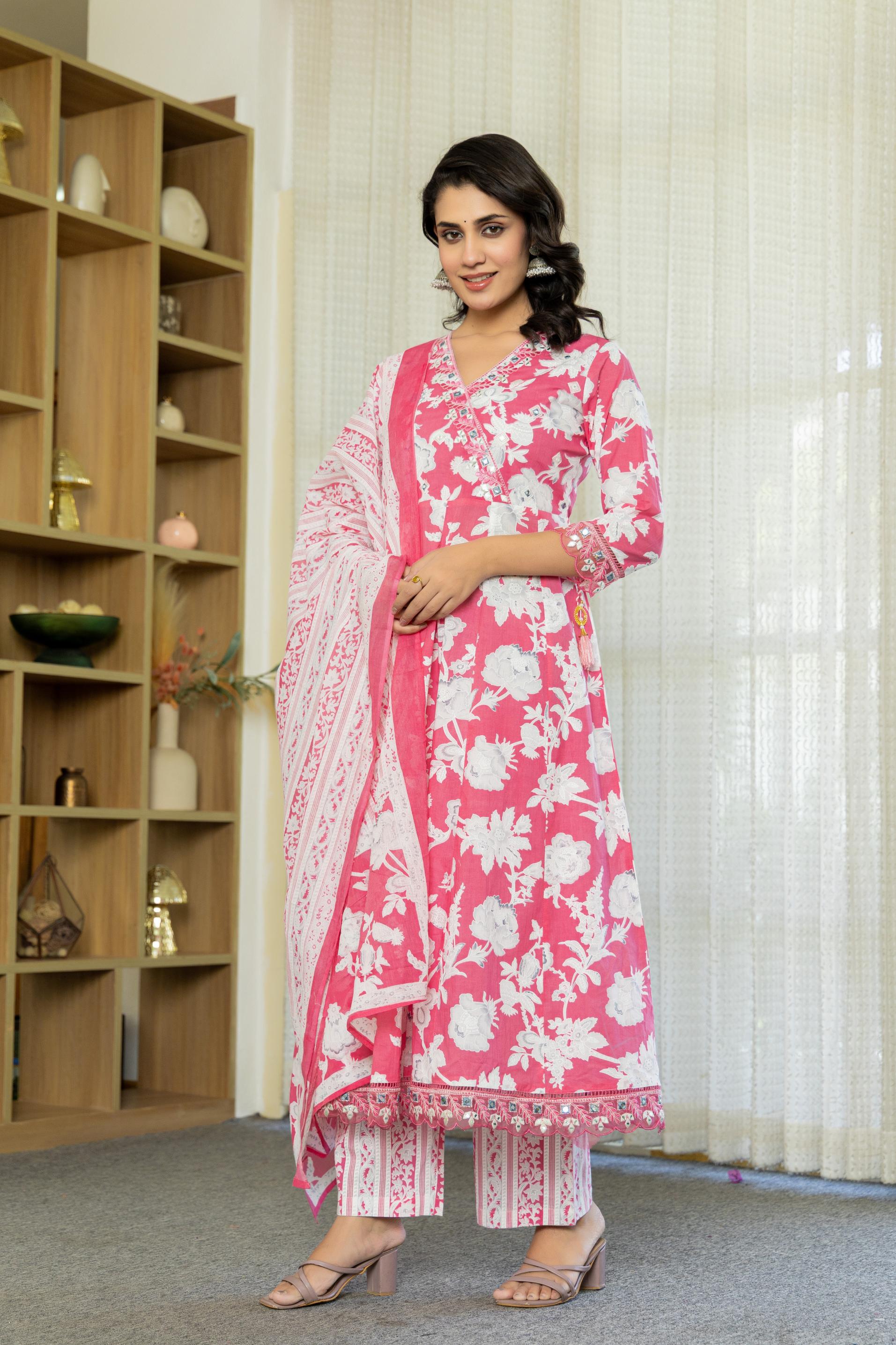 Samaira Pink Cotton Anarkali Set with Dupatta | Floral Embroidery