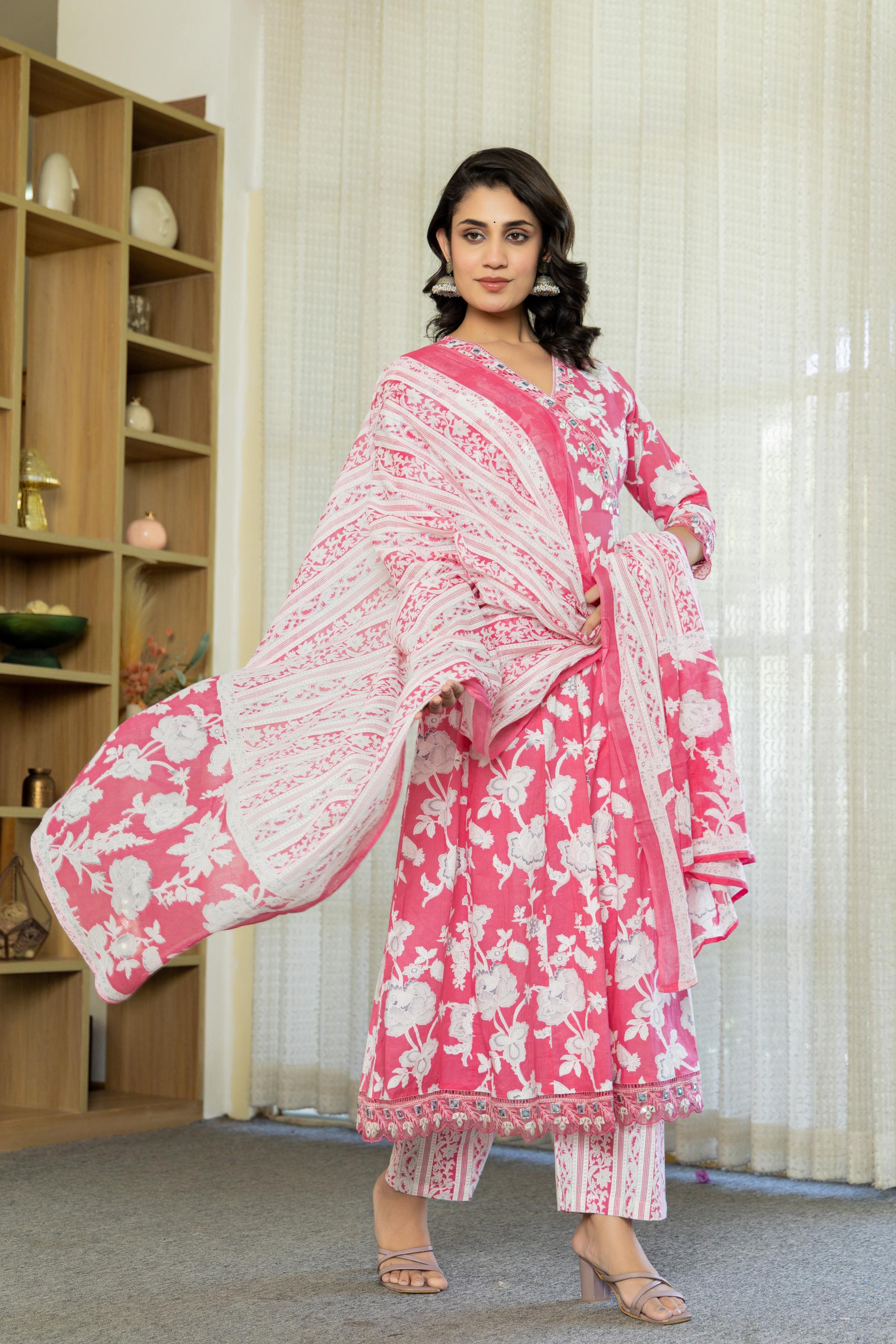 Samaira Pink Cotton Anarkali Set with Dupatta | Floral Embroidery