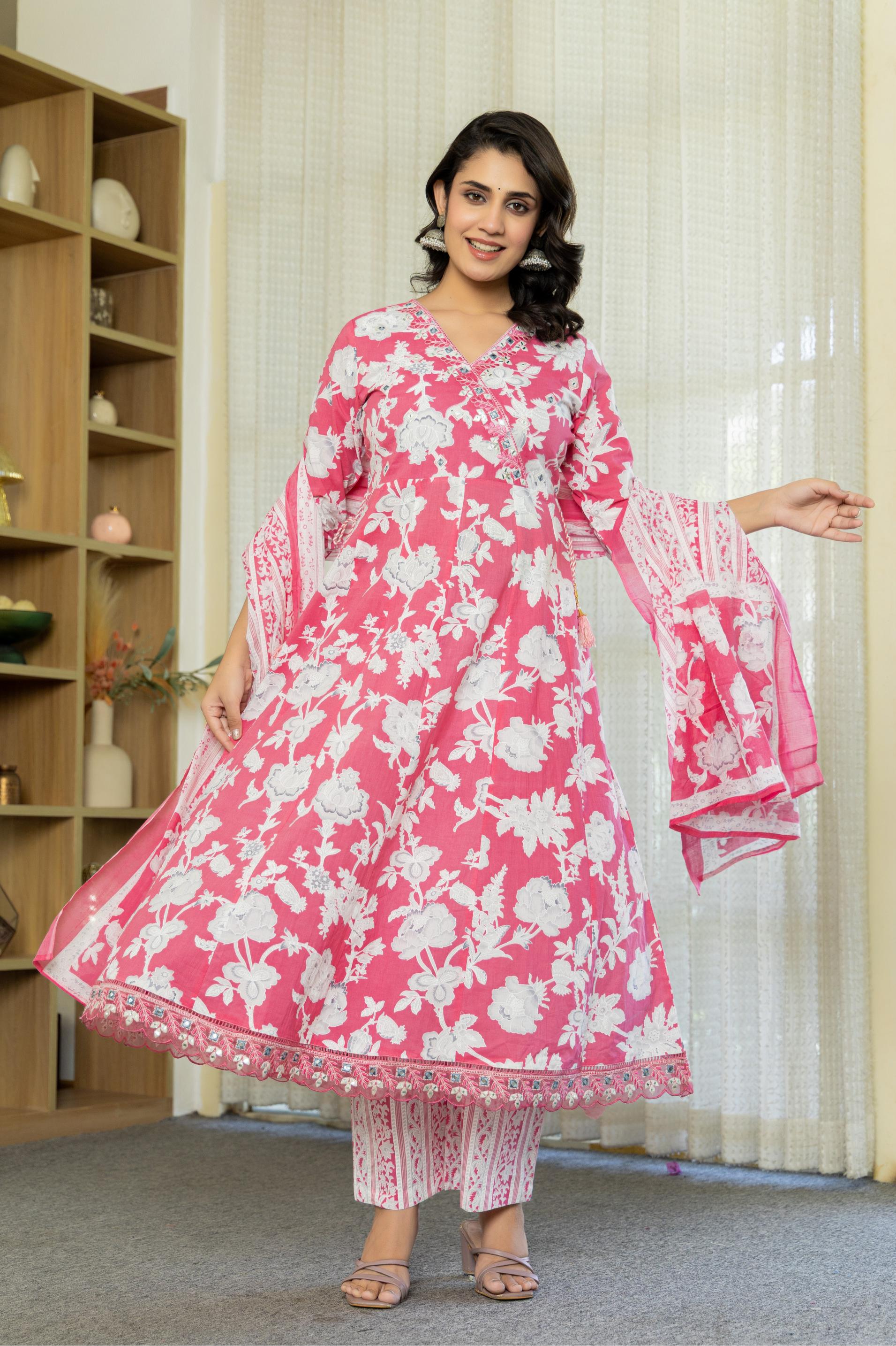 Samaira Pink Cotton Anarkali Set with Dupatta | Floral Embroidery