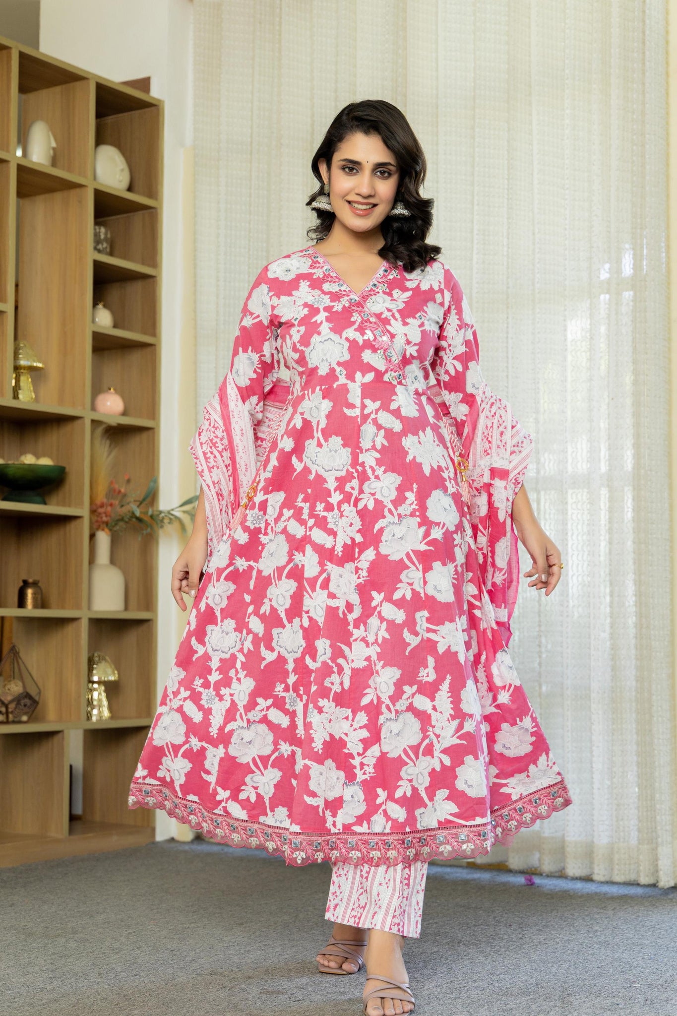 Samaira Pink Cotton Anarkali Set with Dupatta | Floral Embroidery