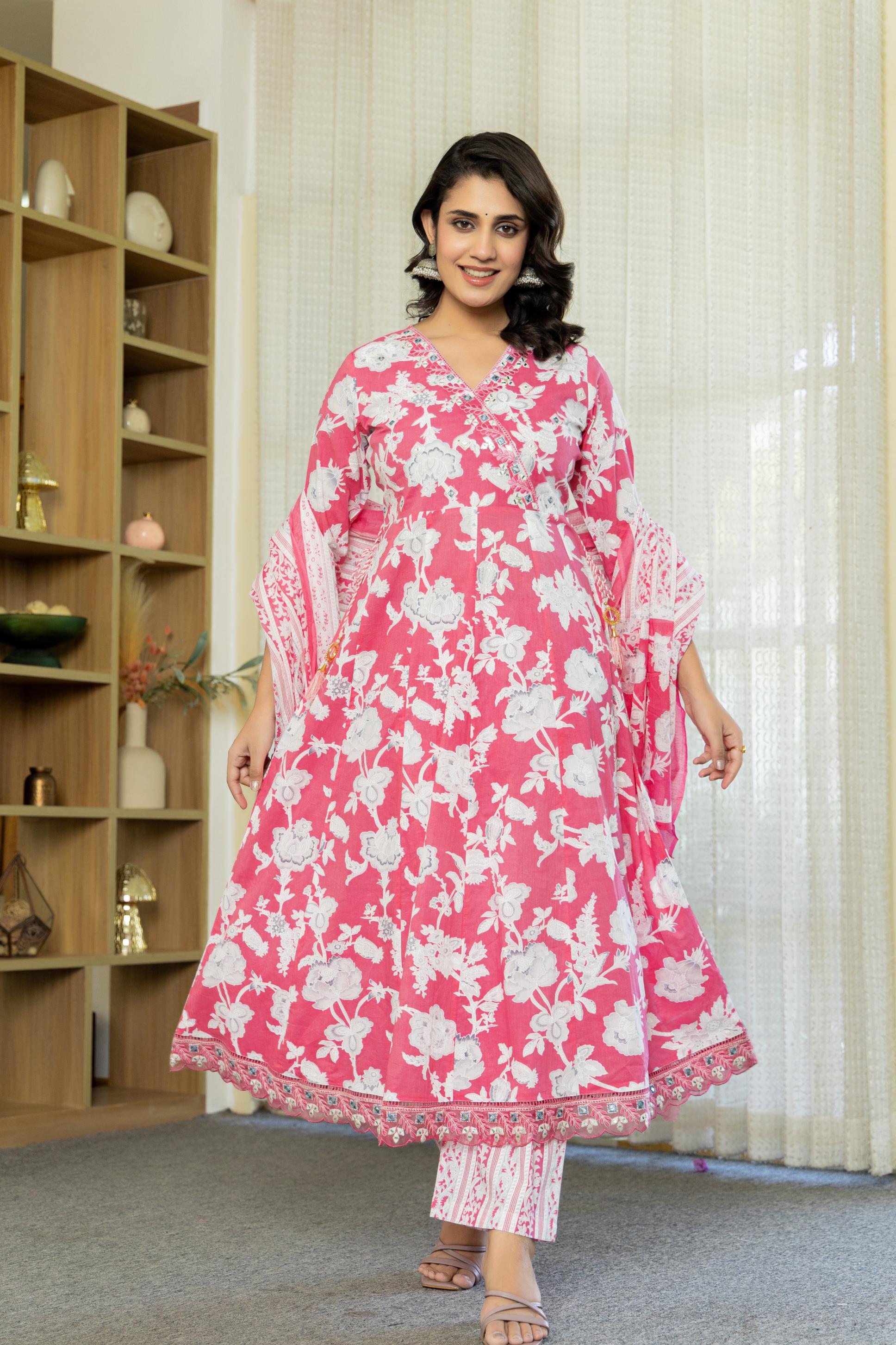 Samaira Pink Cotton Anarkali Set with Dupatta | Floral Embroidery