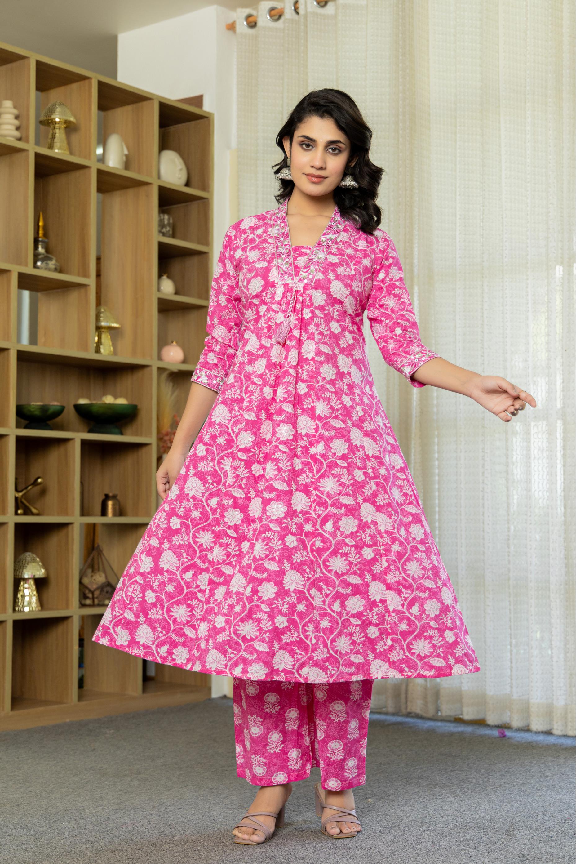Aarvika Women's Pink Cotton Kurta Set with Dupatta | Heavy Embroidery
