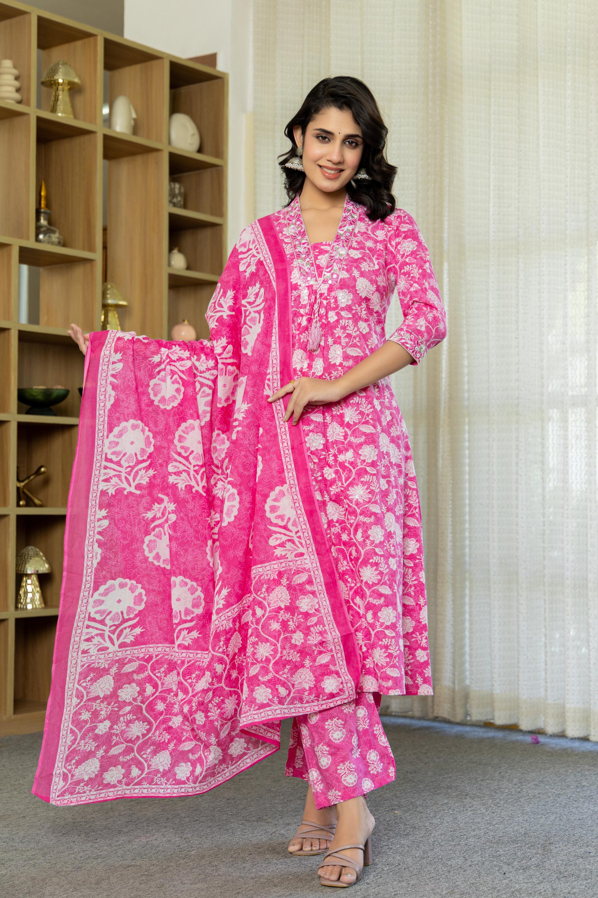 Aarvika Women's Pink Cotton Kurta Set with Dupatta | Heavy Embroidery