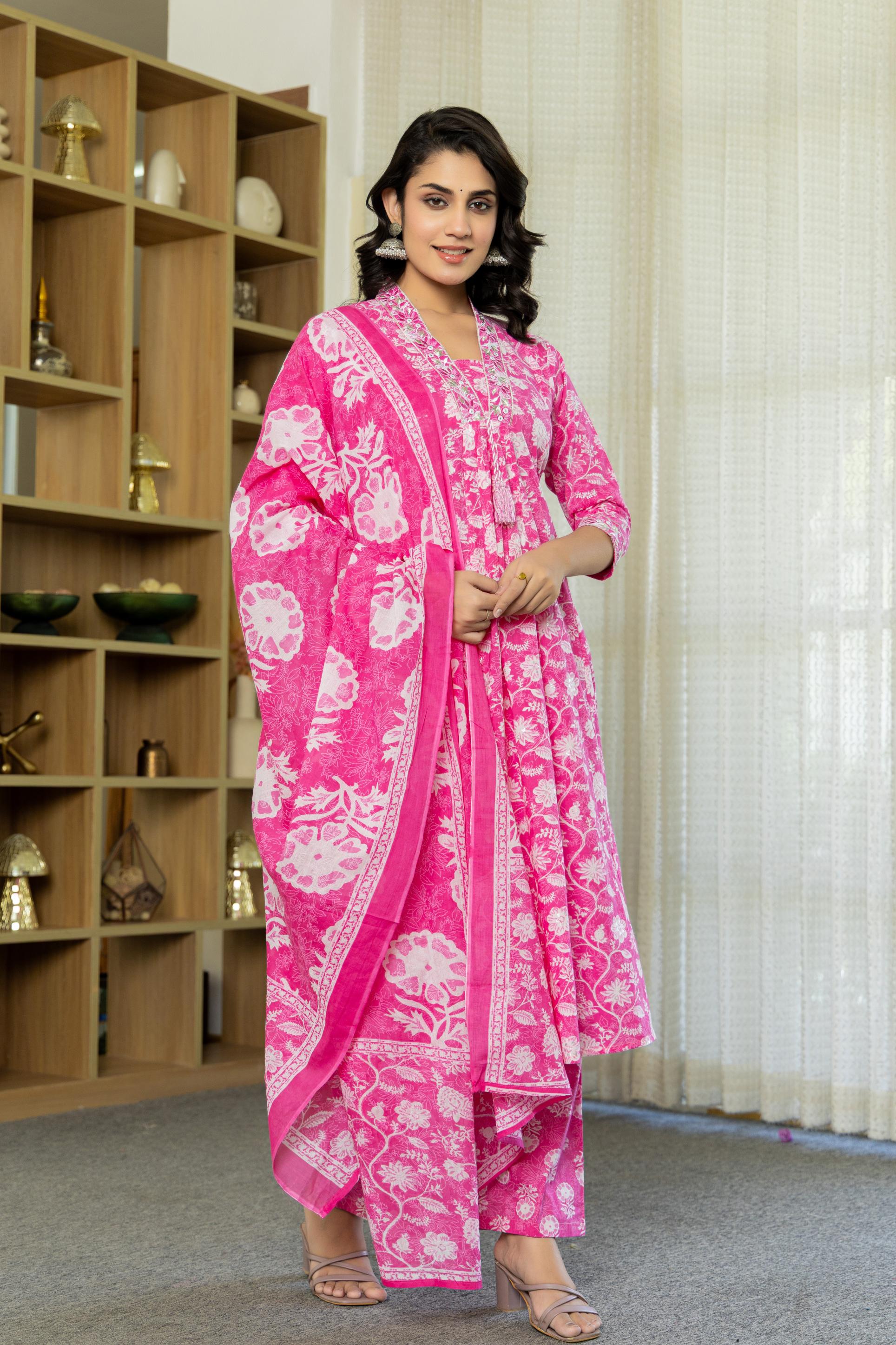 Aarvika Women's Pink Cotton Kurta Set with Dupatta | Heavy Embroidery