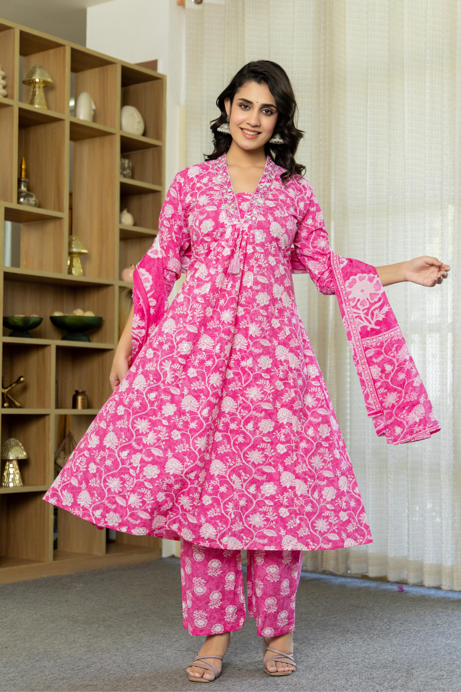 Aarvika Women's Pink Cotton Kurta Set with Dupatta | Heavy Embroidery