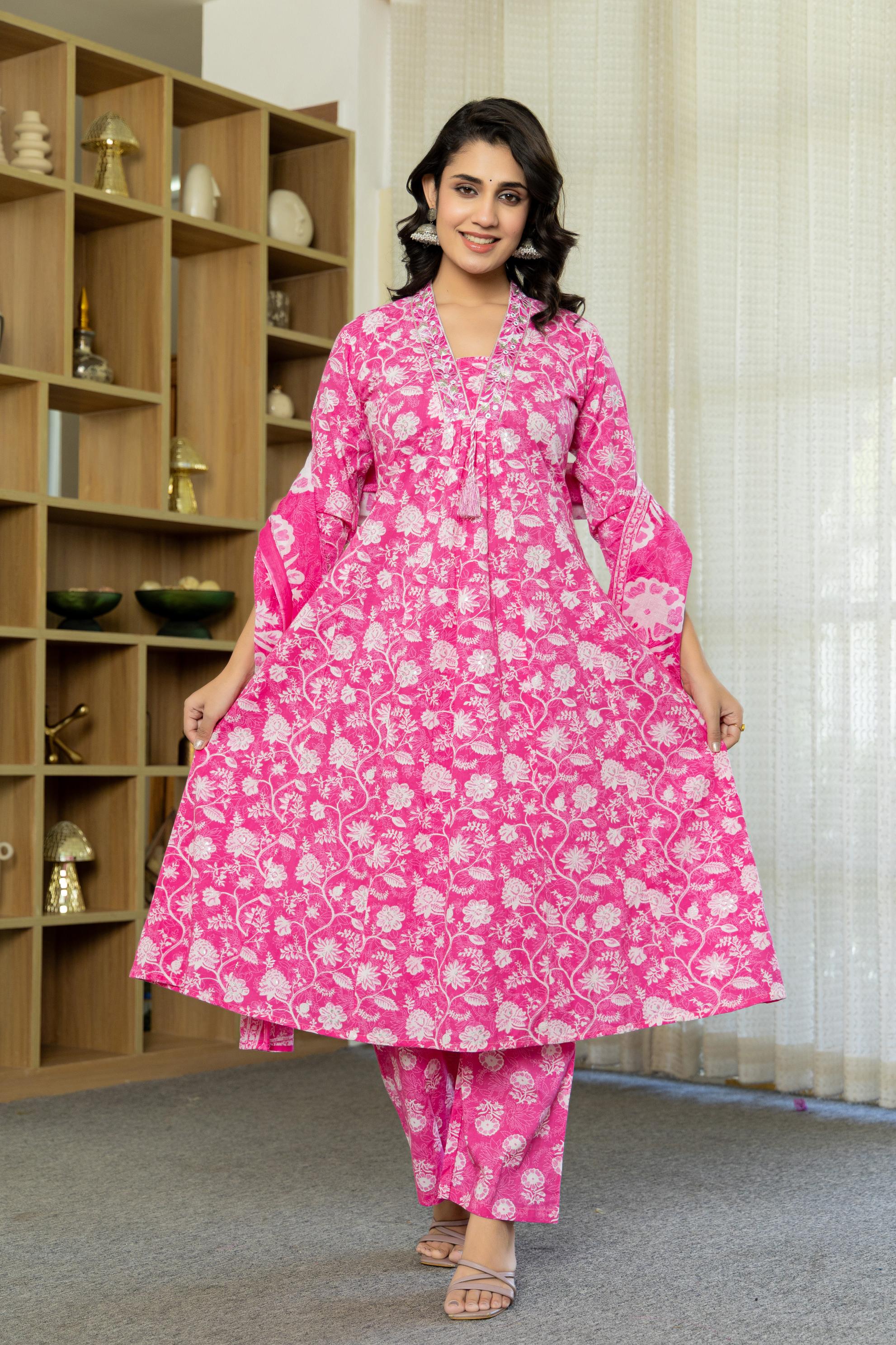 Aarvika Women's Pink Cotton Kurta Set with Dupatta | Heavy Embroidery