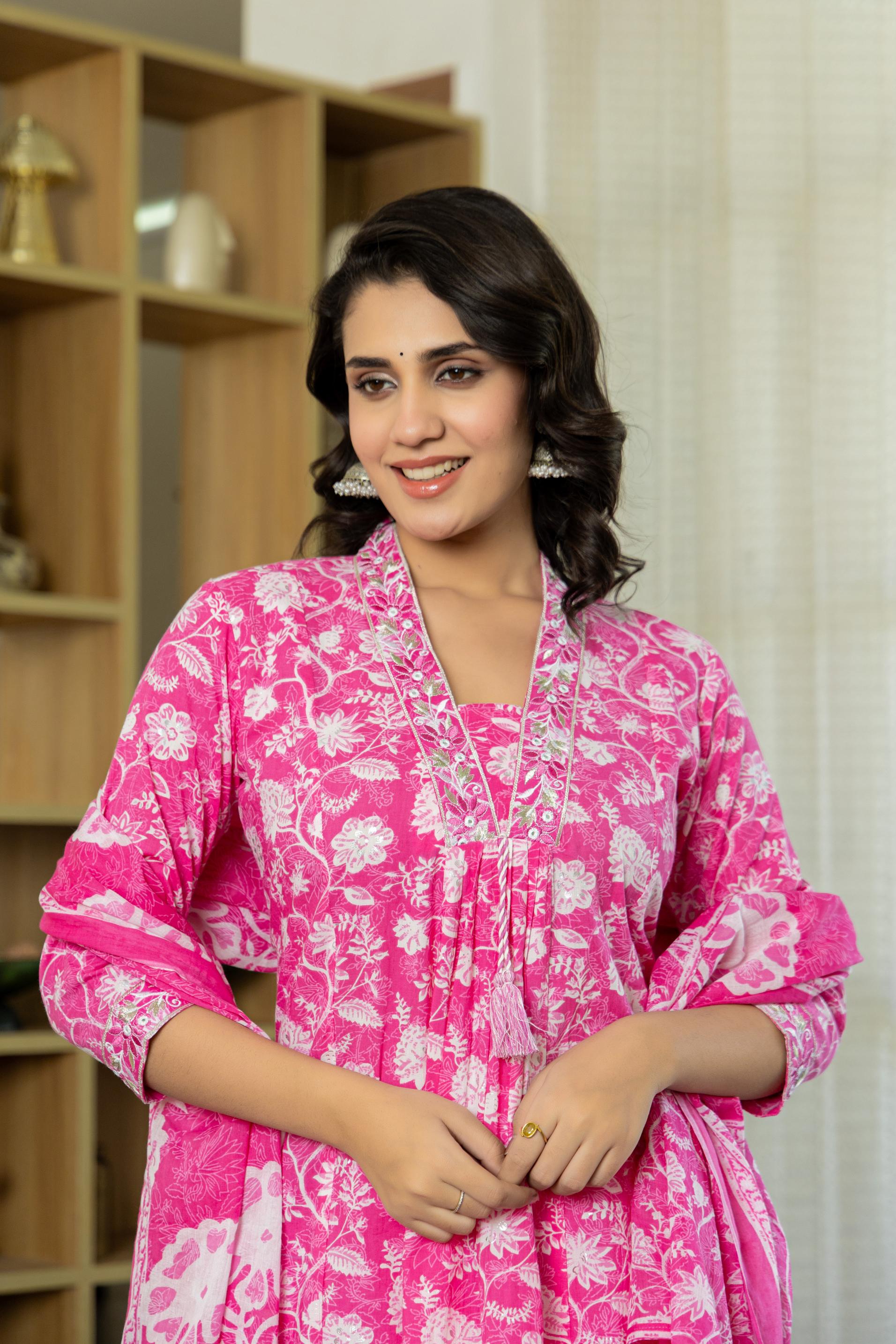 Aarvika Women's Pink Cotton Kurta Set with Dupatta | Heavy Embroidery
