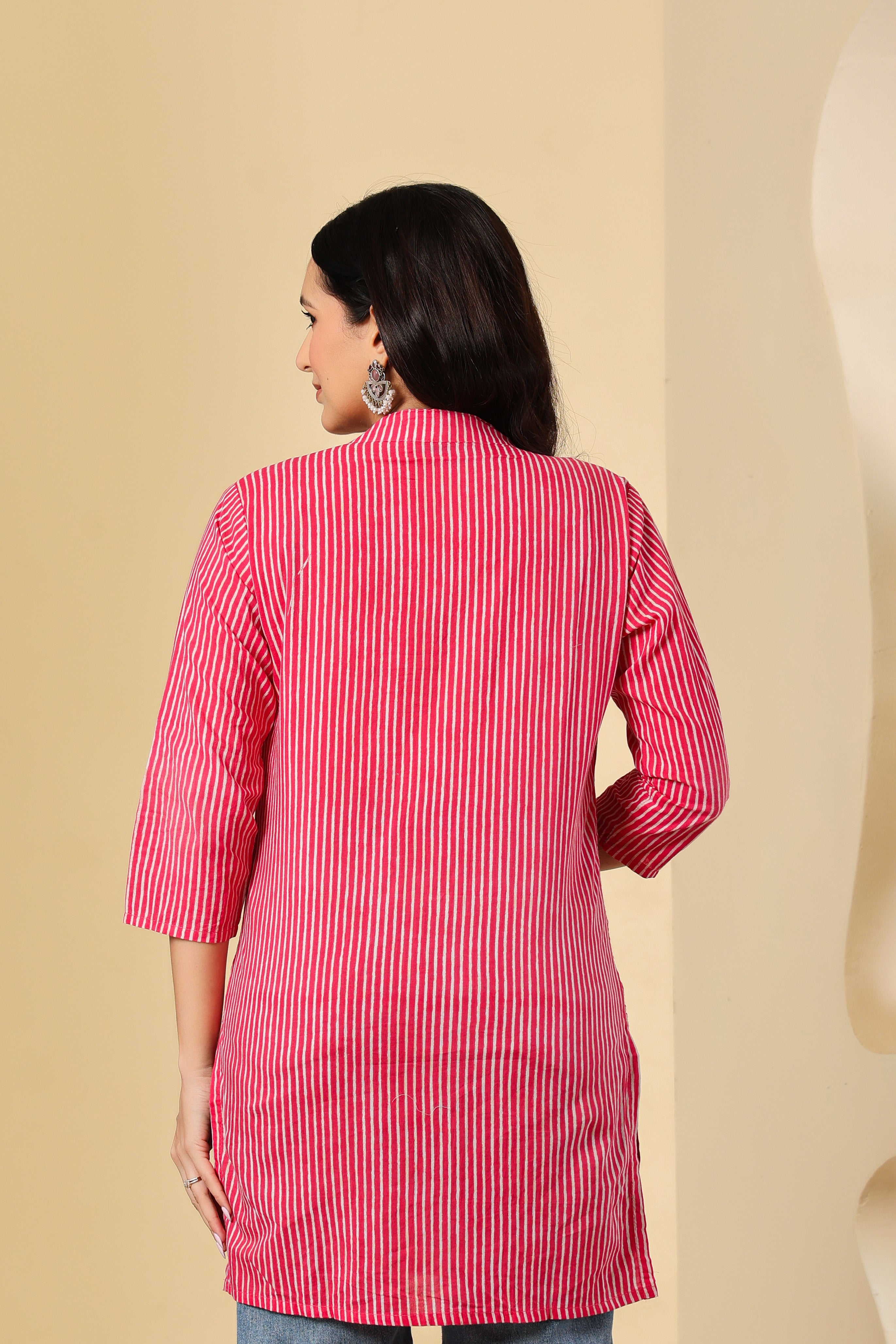 Pink & White Striped Cotton Short Kurti for Women