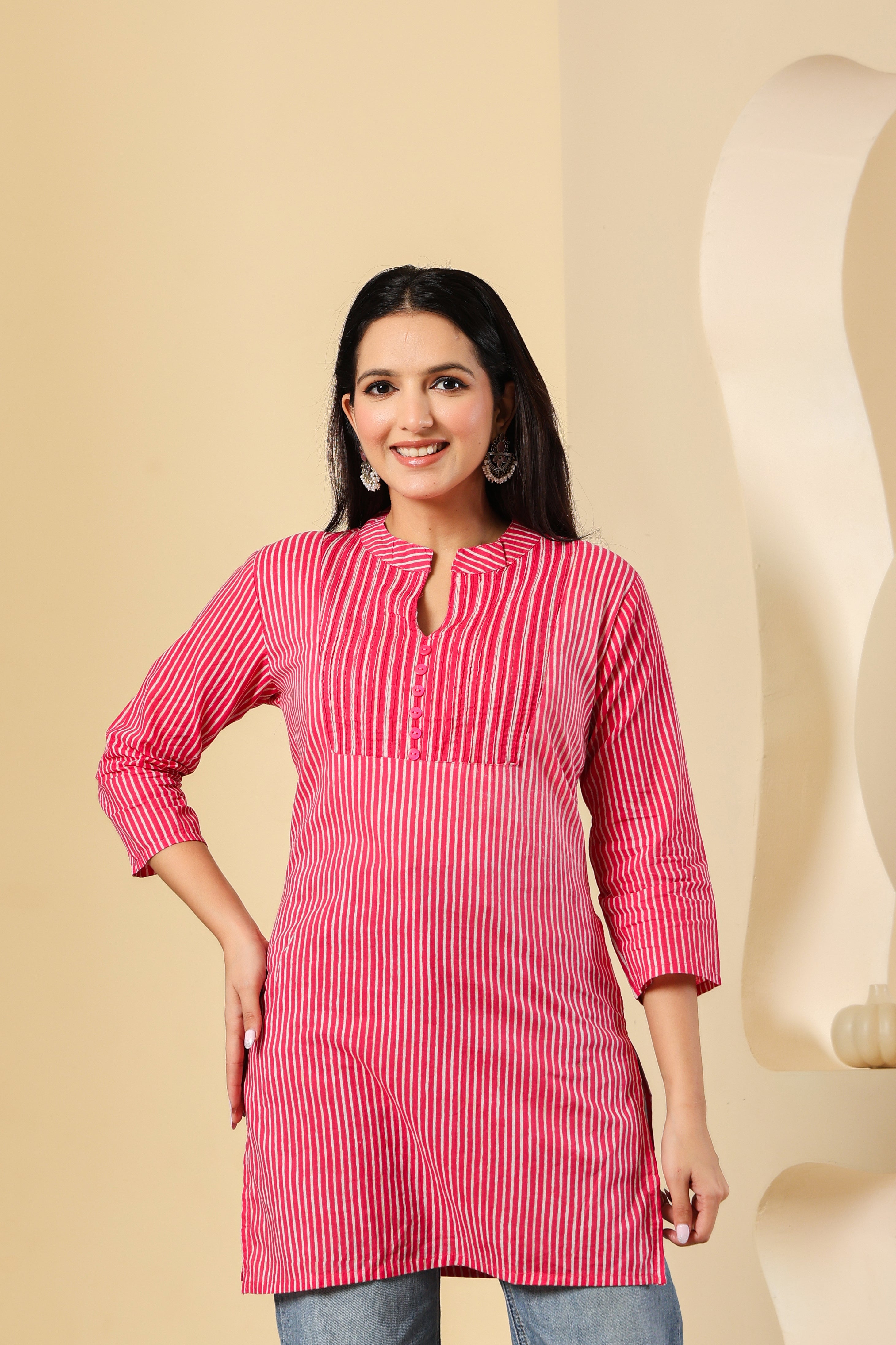 Pink & White Striped Cotton Short Kurti for Women