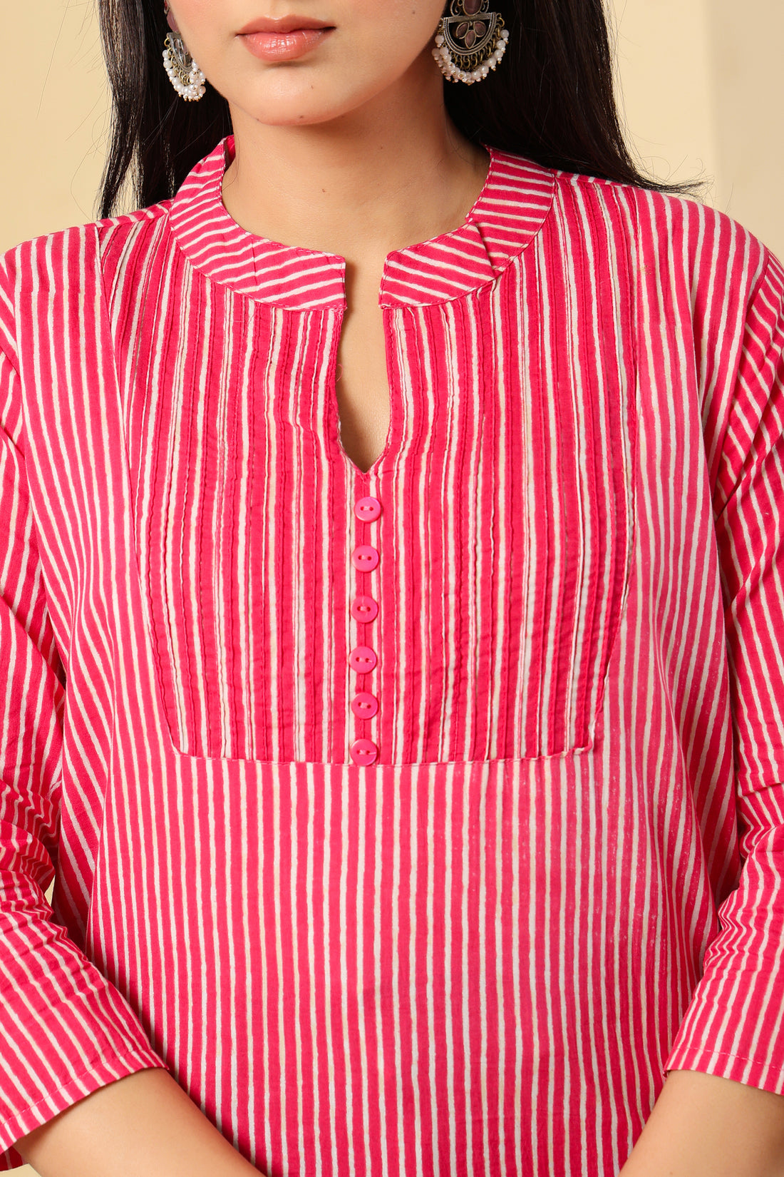 Pink & White Striped Cotton Short Kurti for Women