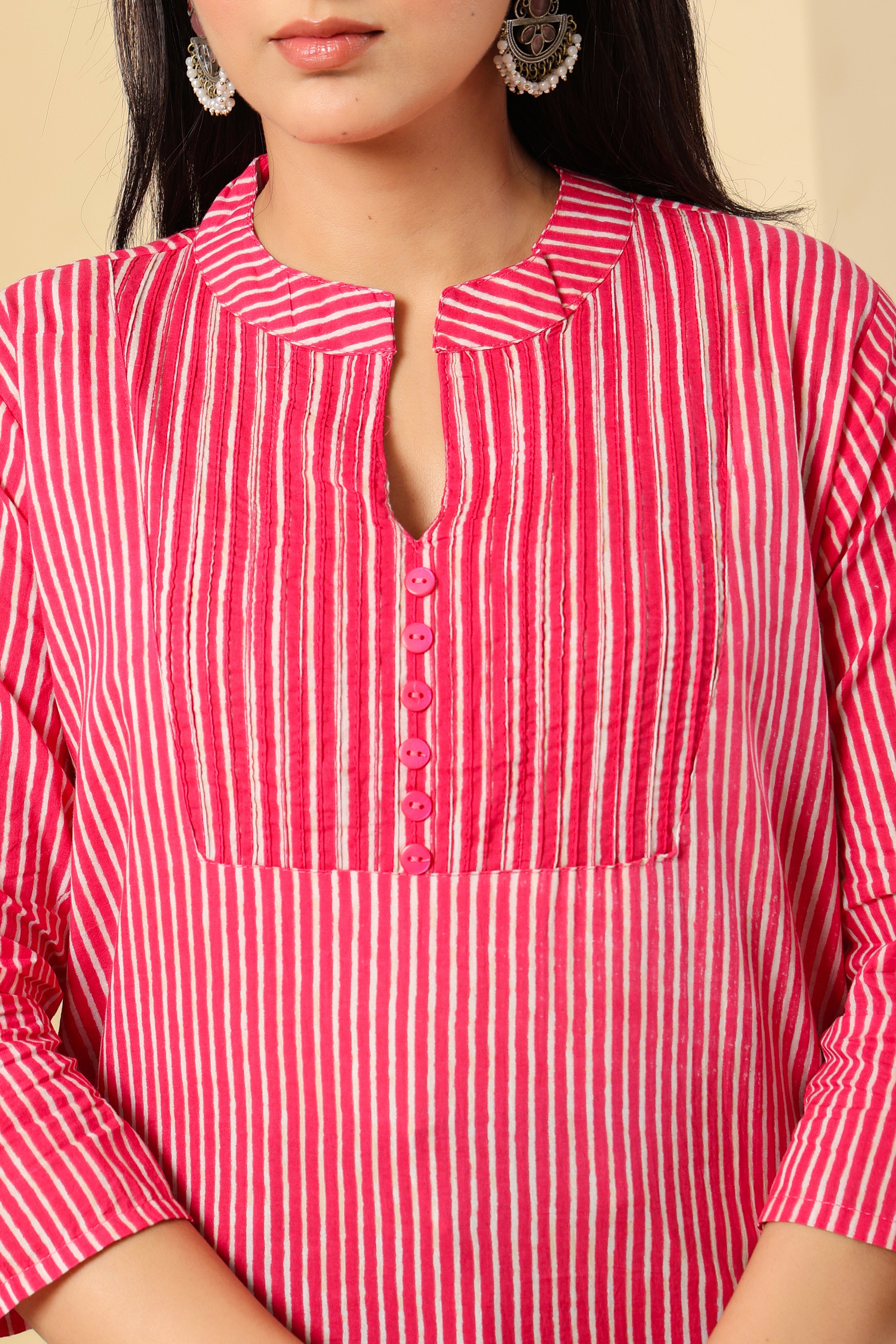 Pink & White Striped Cotton Short Kurti for Women