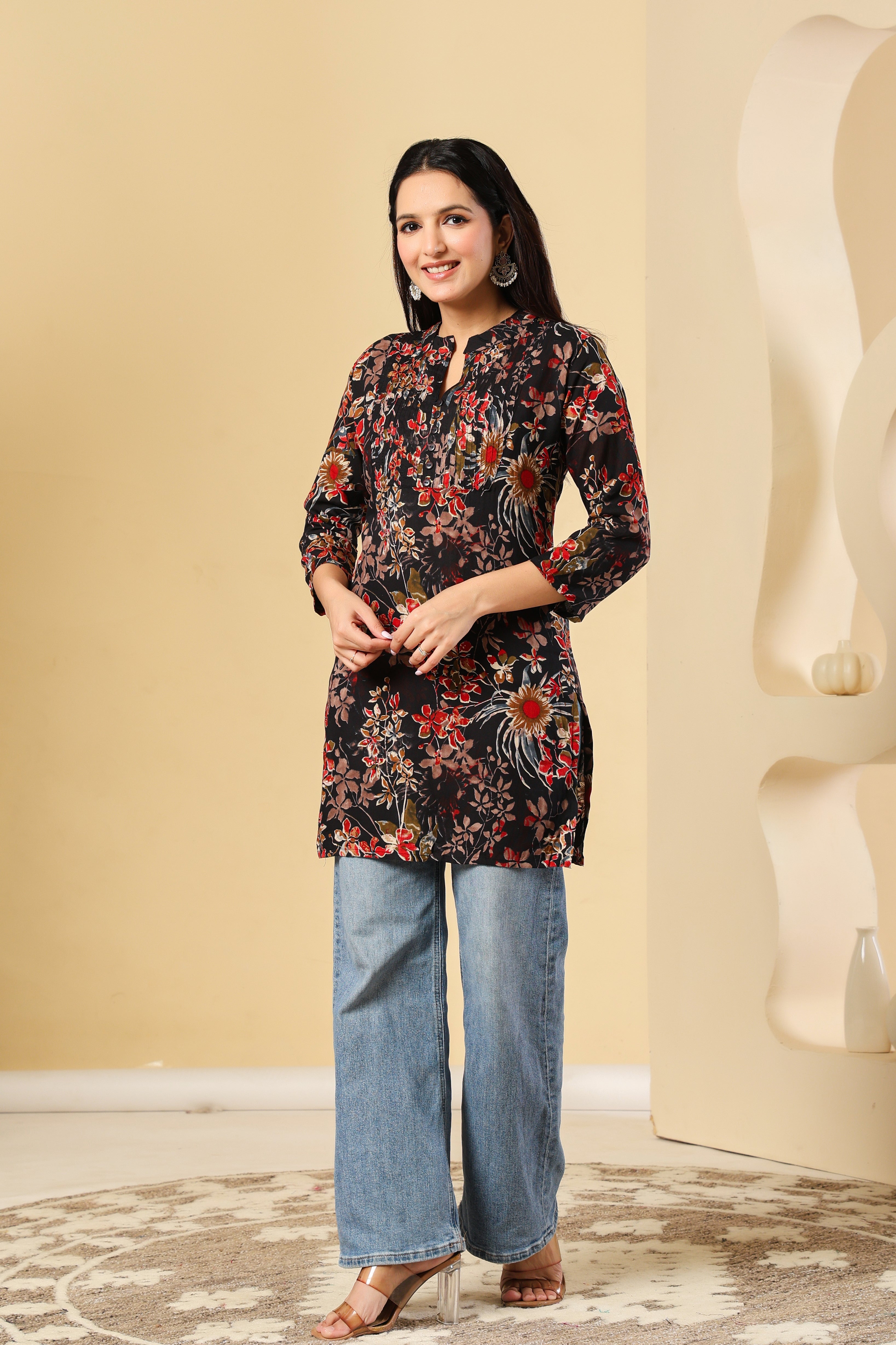 Black Floral Printed Short Kurti for Women