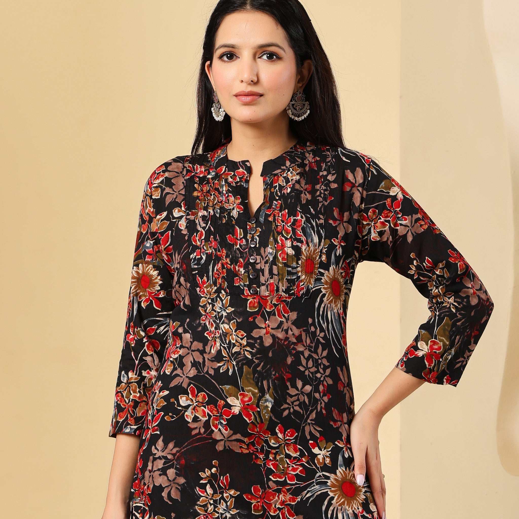 Black Floral Printed Short Kurti for Women