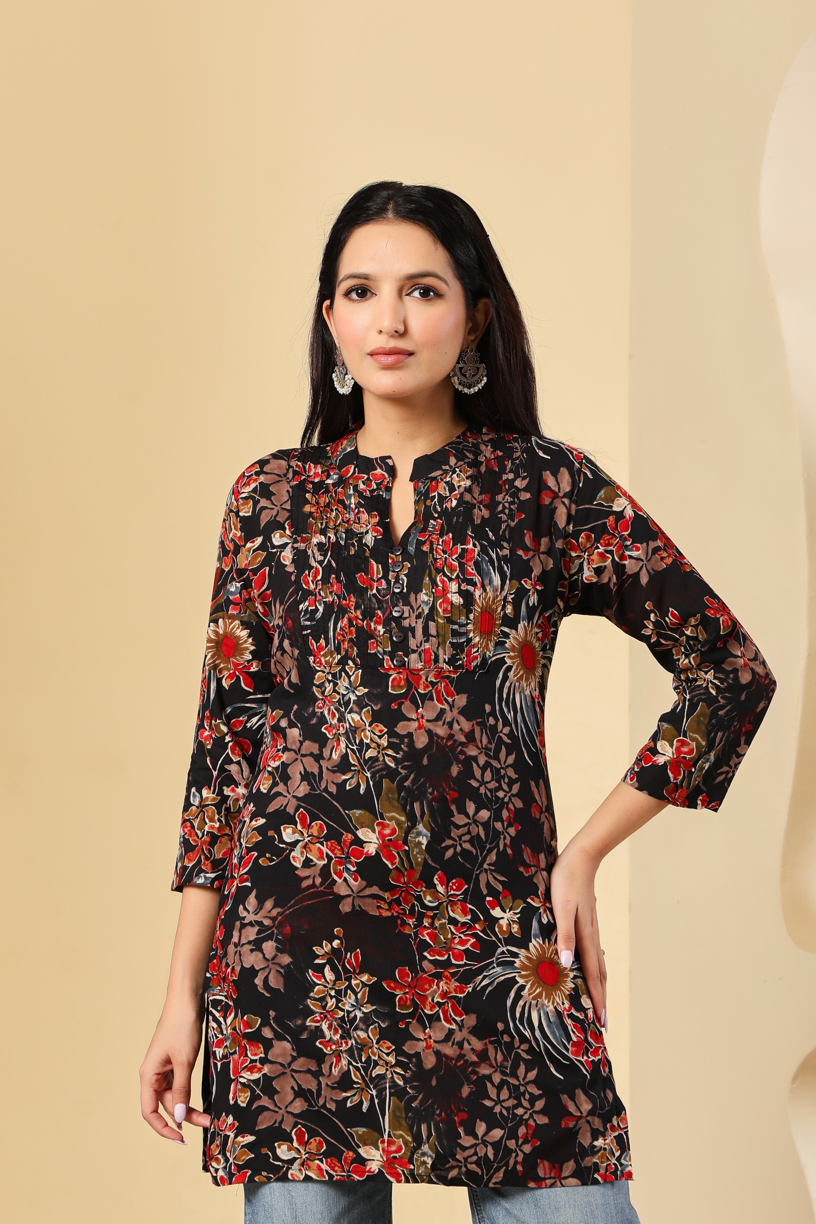 Black Floral Printed Short Kurti for Women