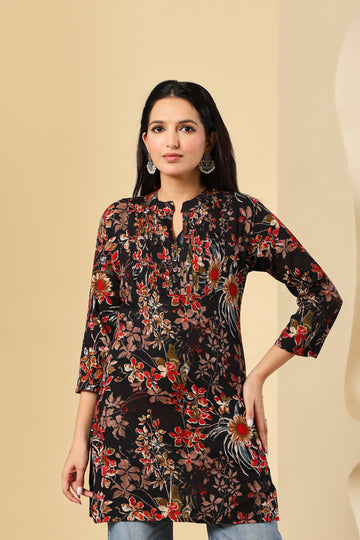 Black Floral Printed Short Kurti for Women