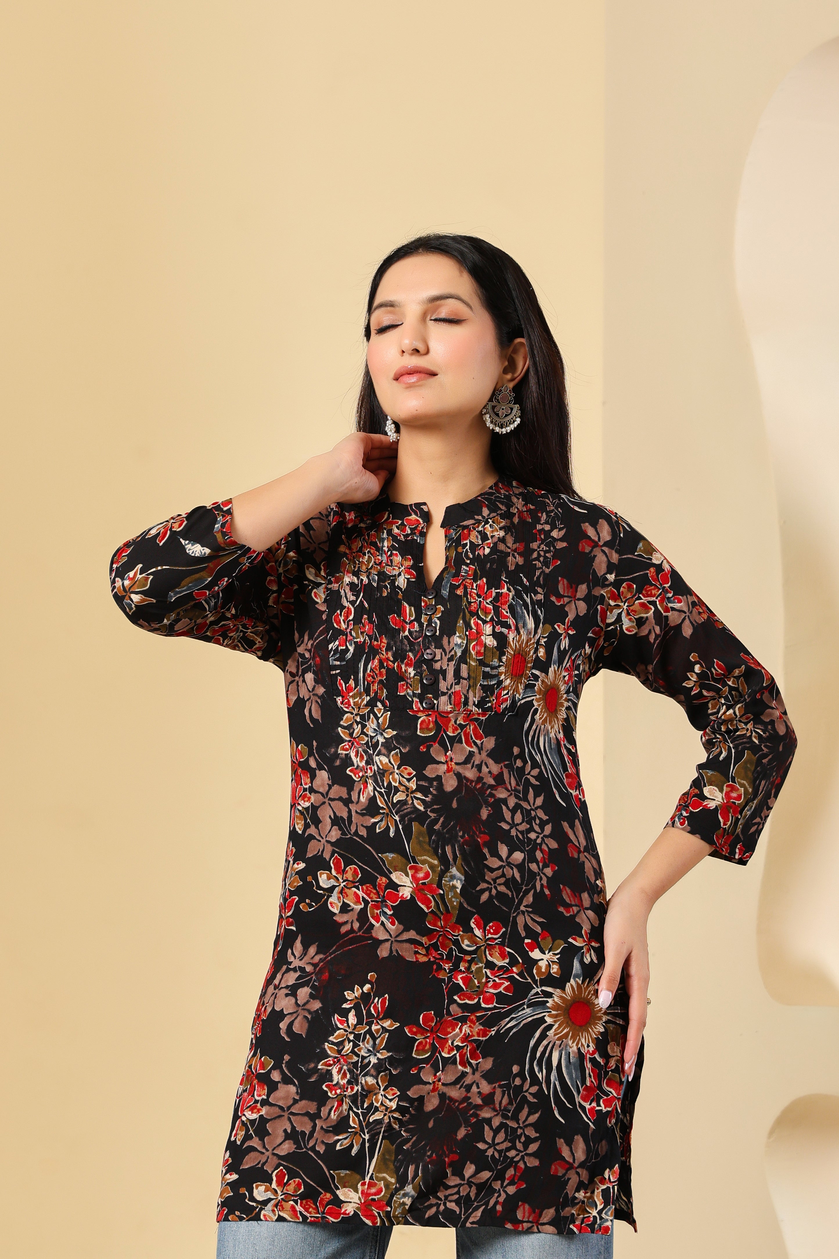 Black Floral Printed Short Kurti for Women