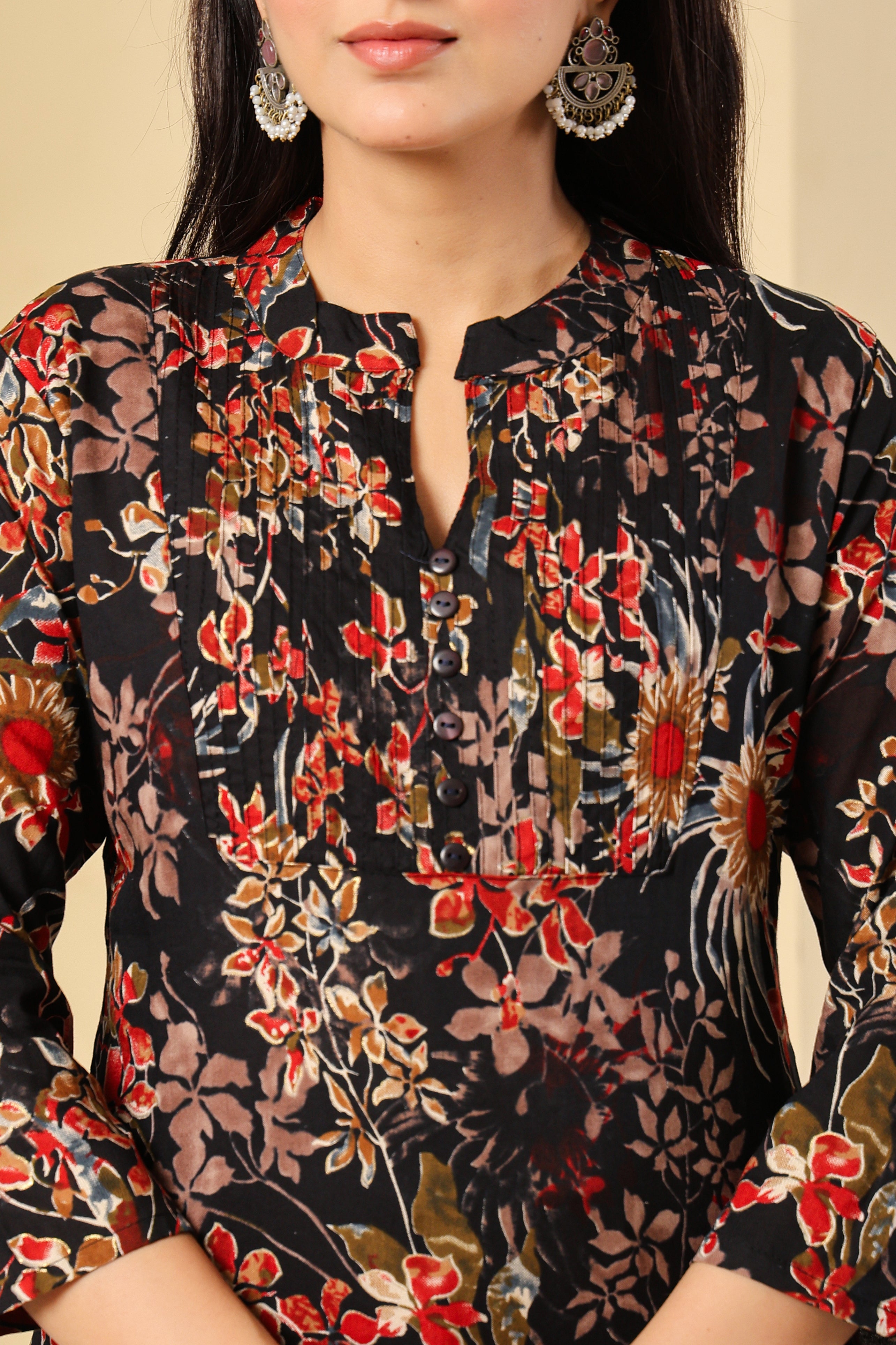 Black Floral Printed Short Kurti for Women