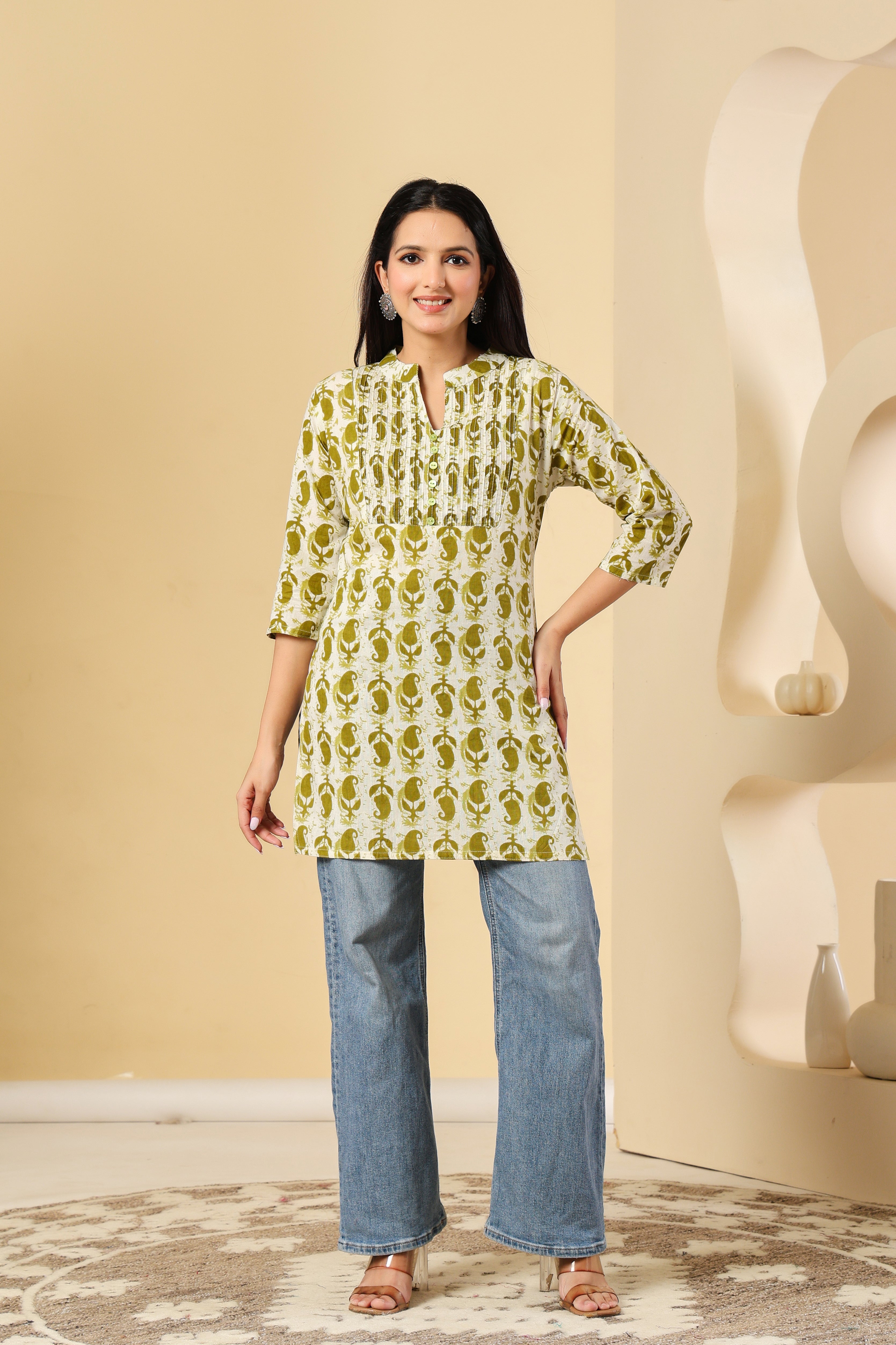 Olive Green Printed Short Kurti for Women