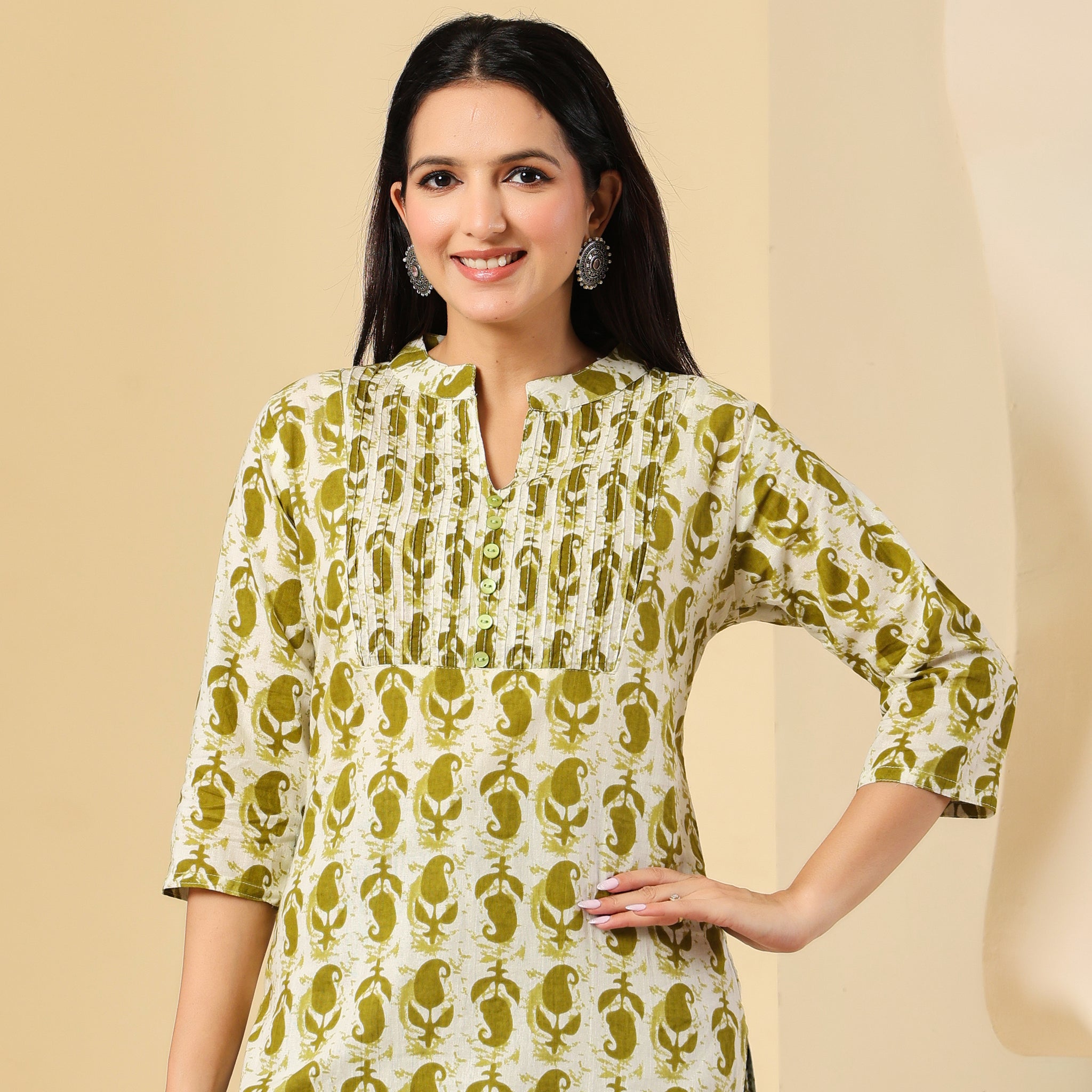 Olive Green Printed Short Kurti for Women