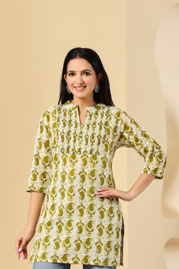 Olive Green Printed Short Kurti for Women
