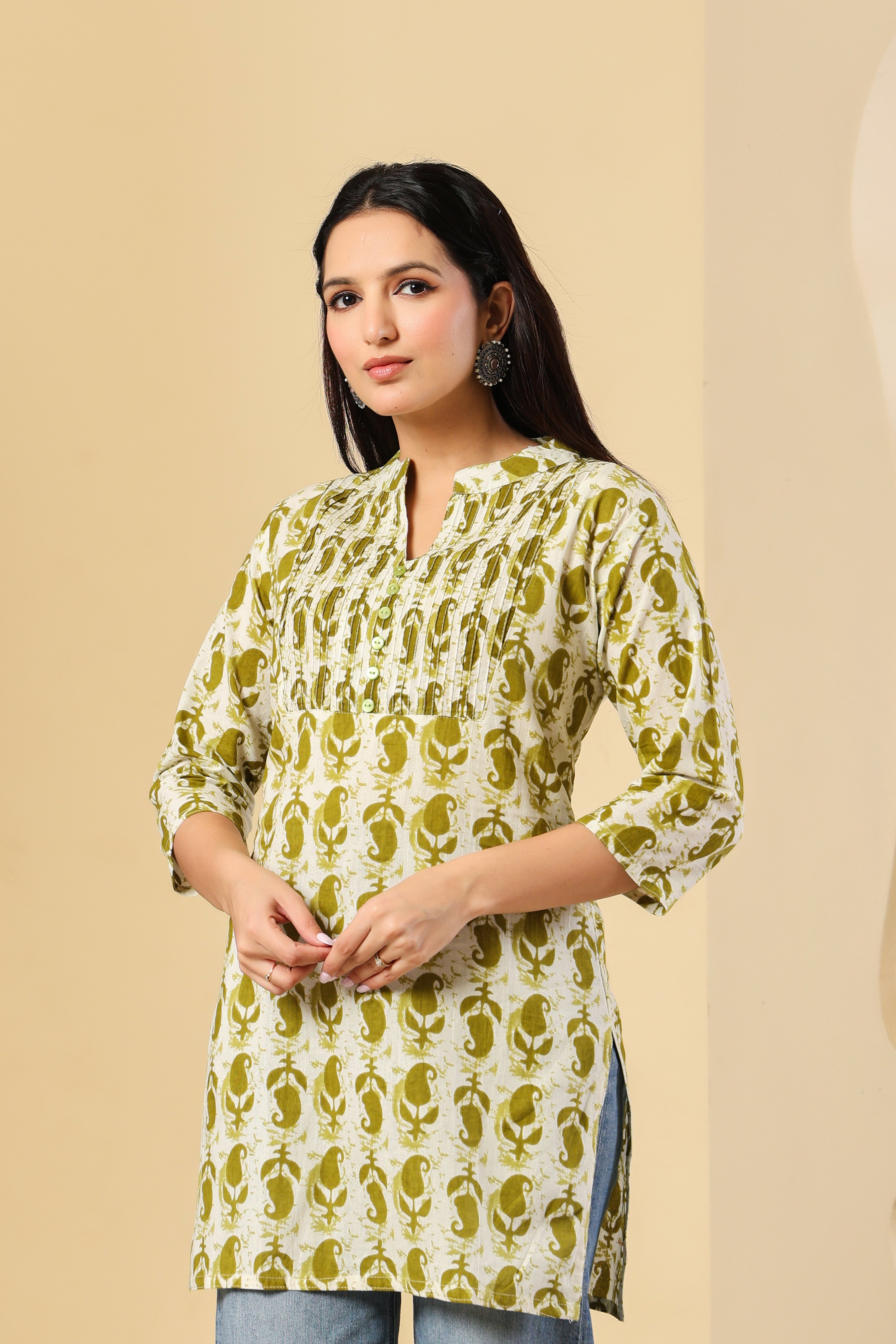 Olive Green Printed Short Kurti for Women