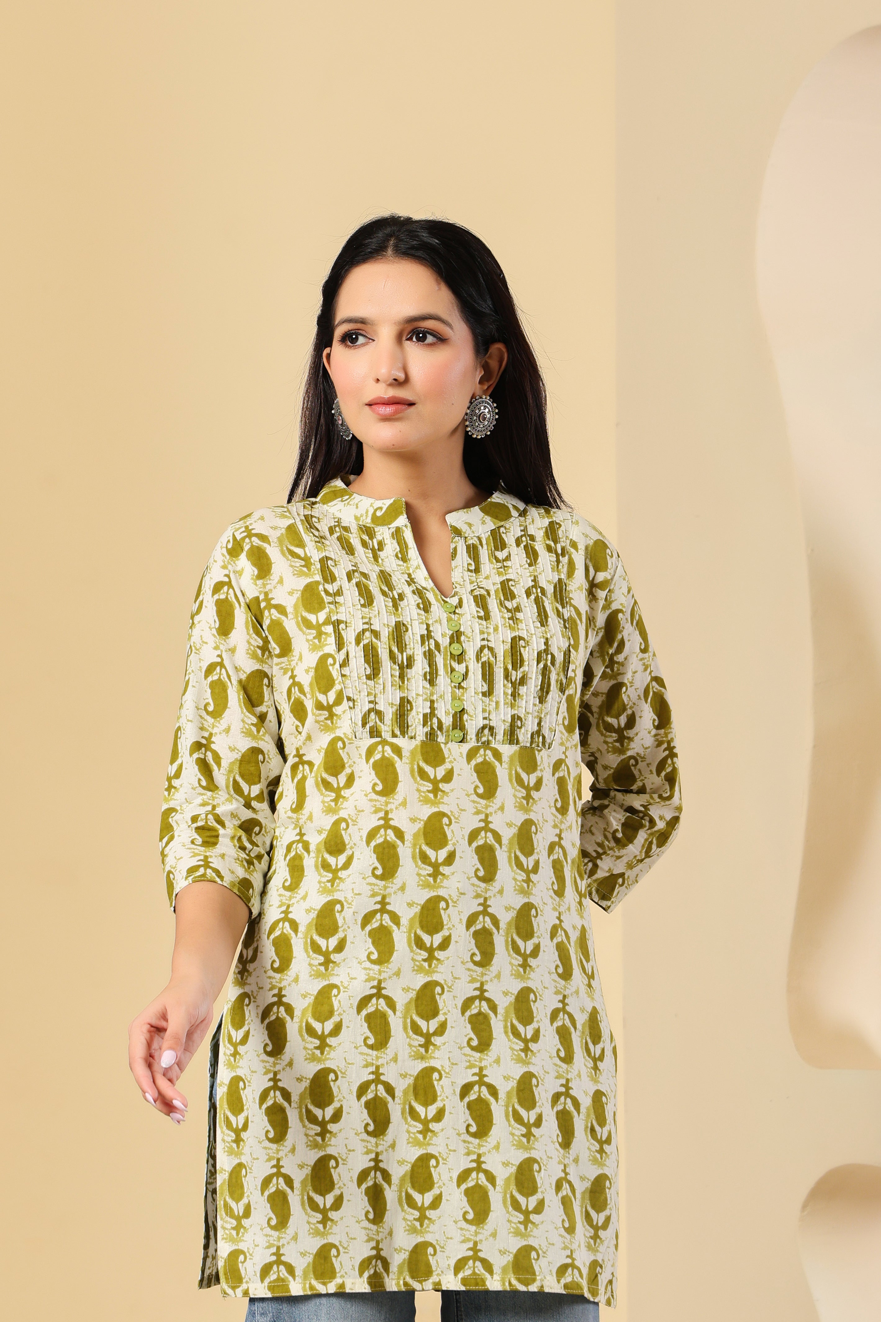 Olive Green Printed Short Kurti for Women