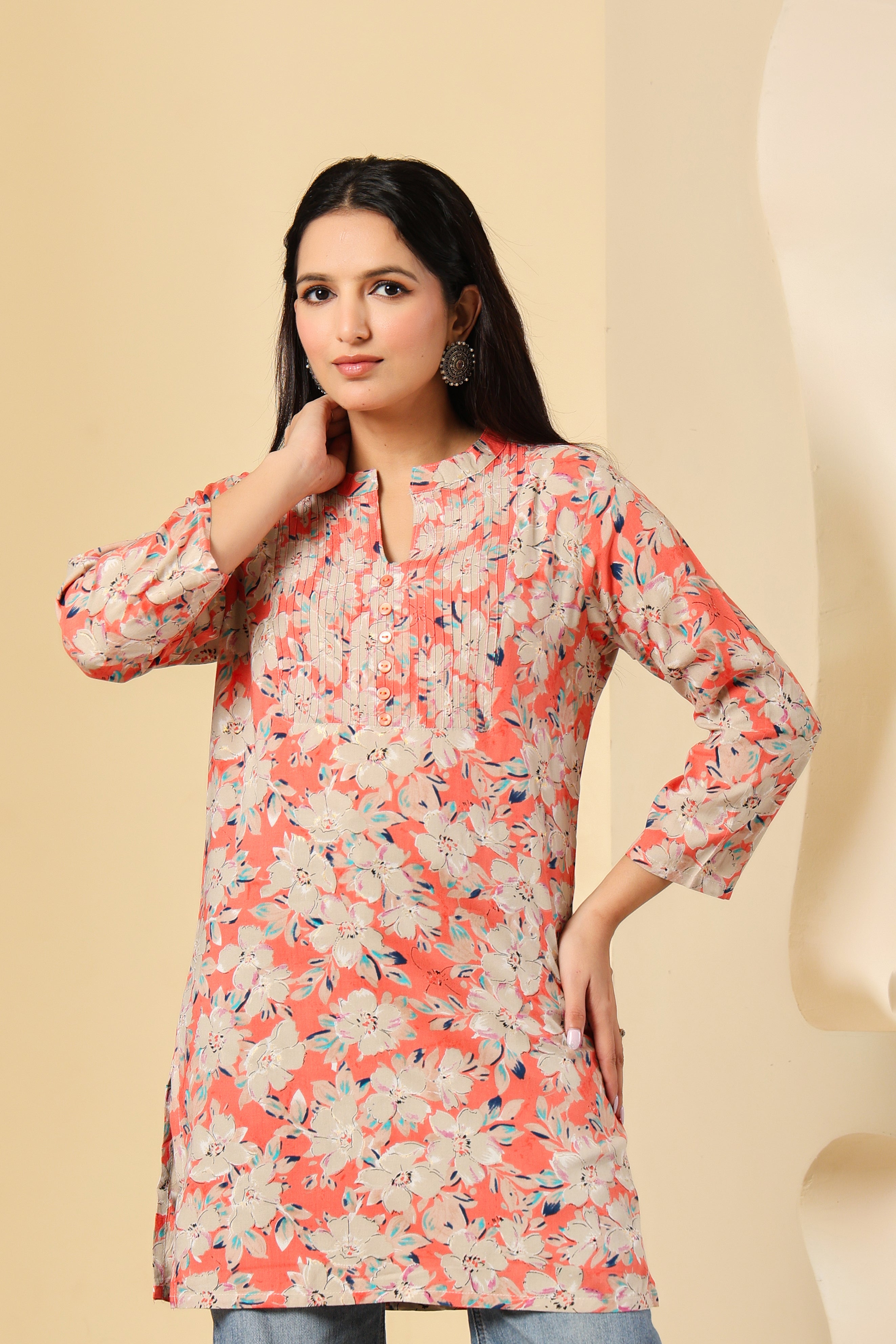 Peach Floral Printed Short Kurti for Women