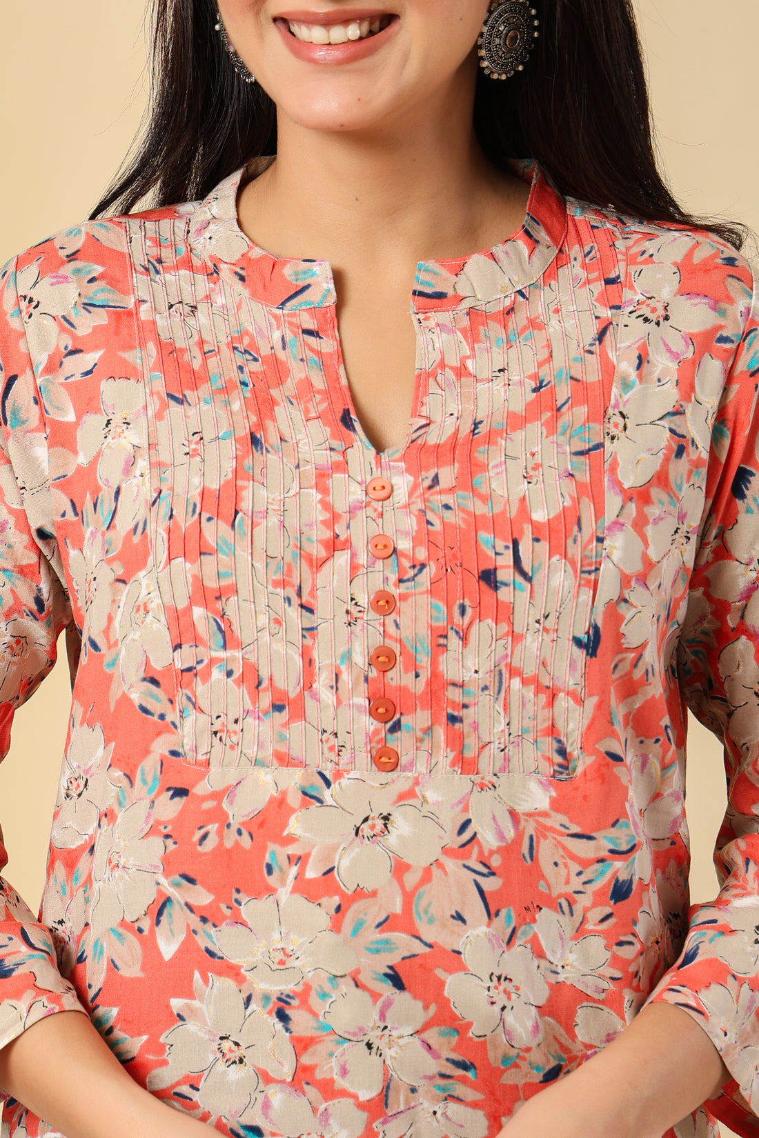 Peach Floral Printed Short Kurti for Women