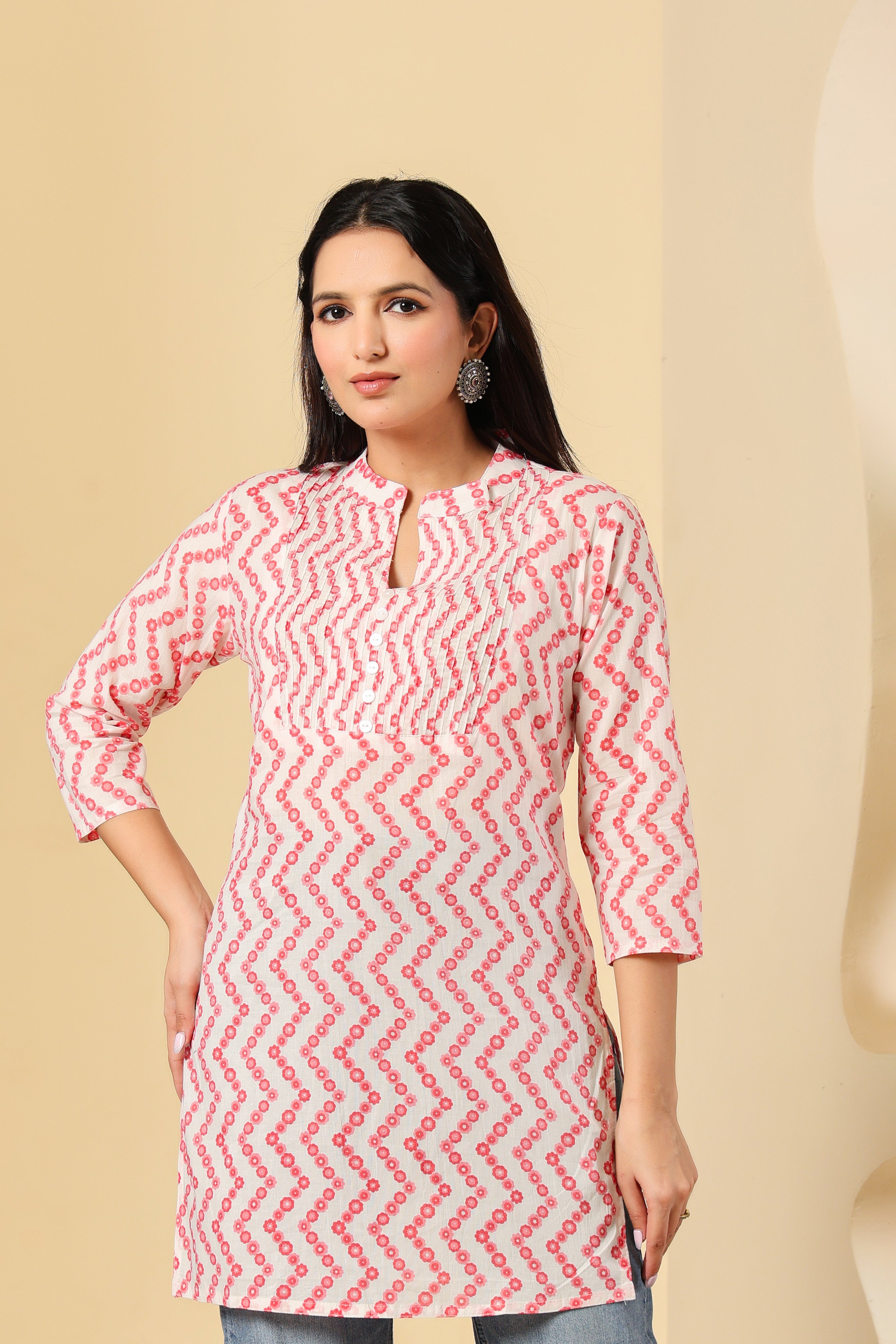 White & Pink Printed Short Kurti for Women