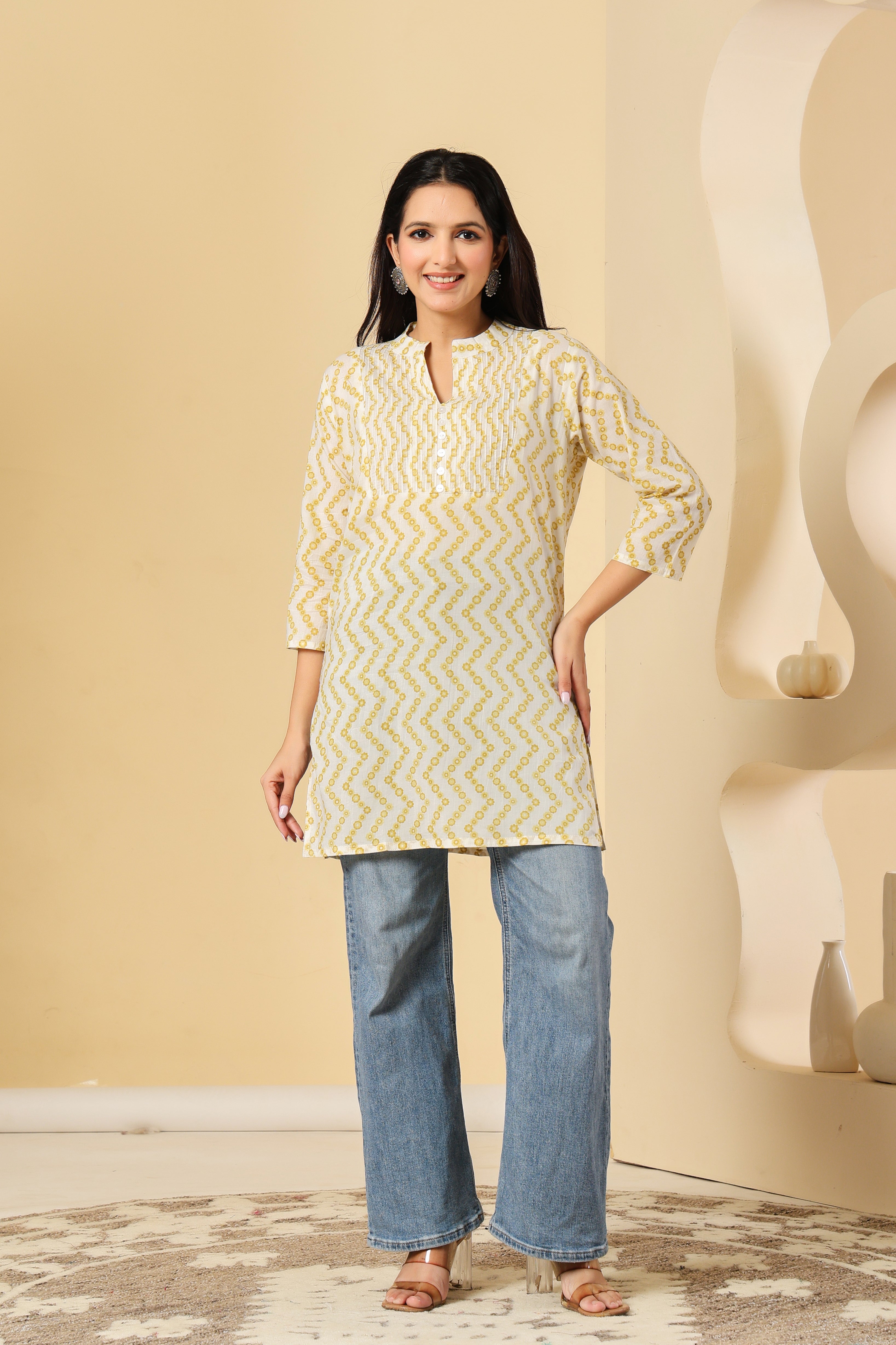 Yellow Zig-Zag Printed Cotton Kurti for Women