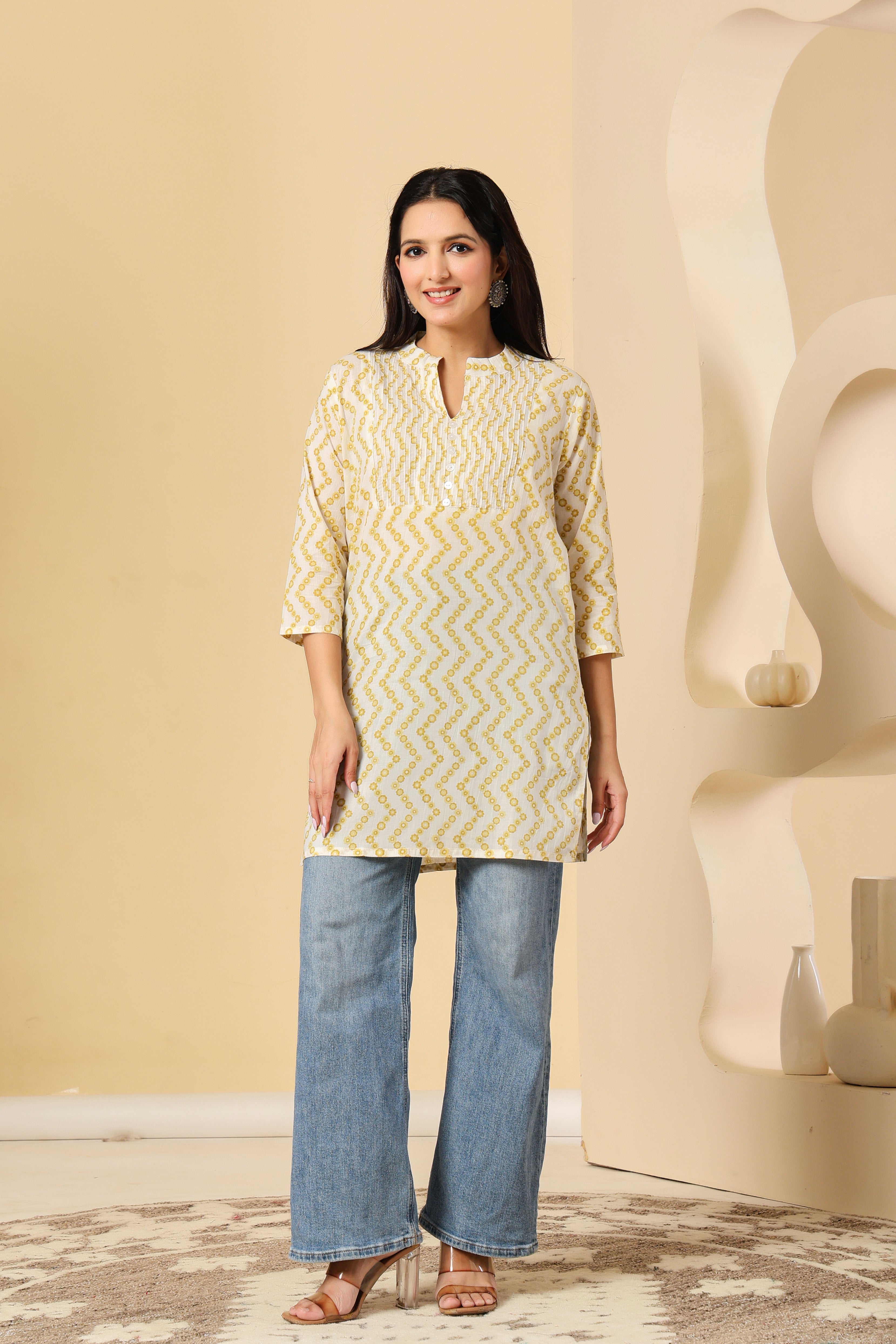 Yellow Zig-Zag Printed Cotton Kurti for Women