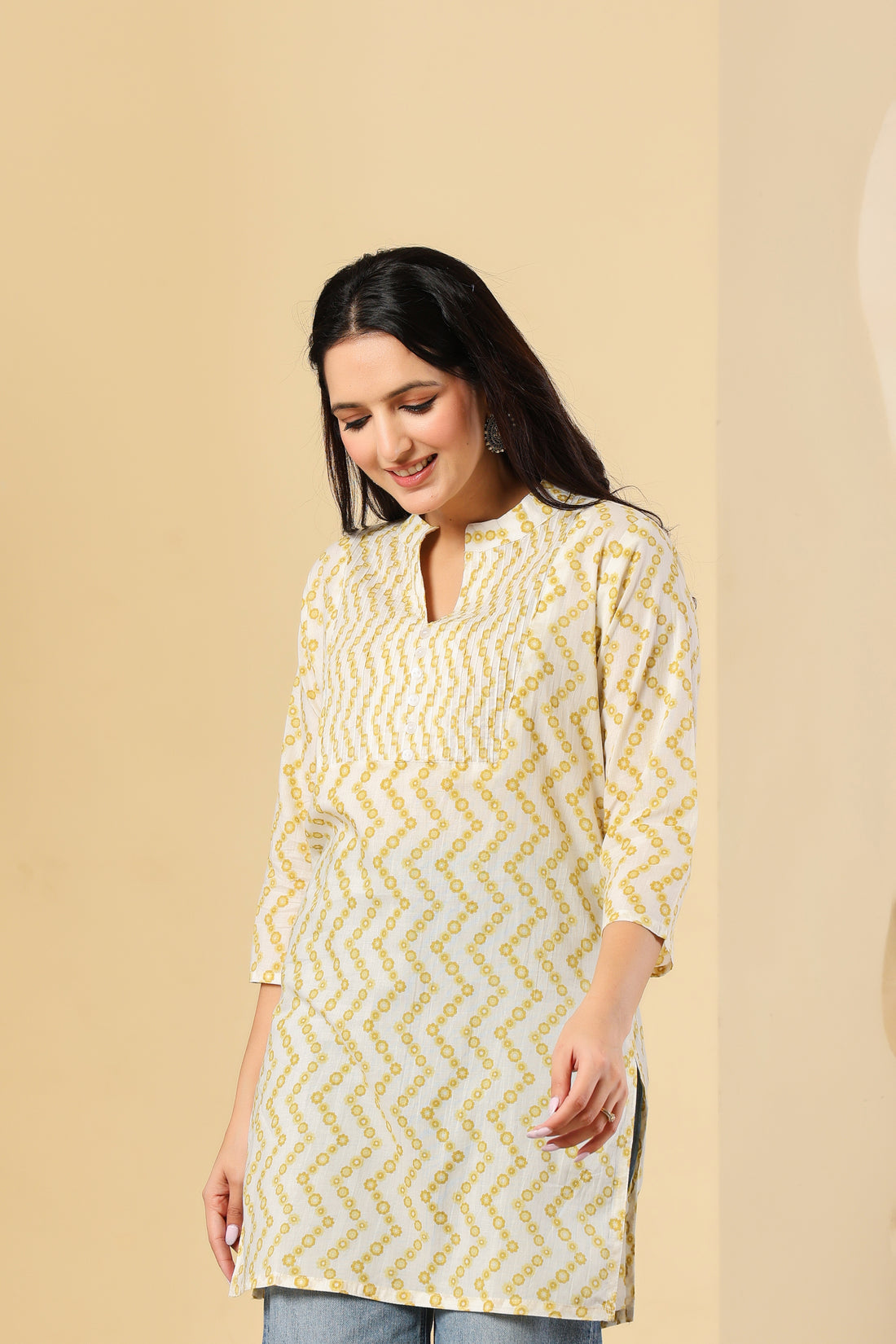 Yellow Zig-Zag Printed Cotton Kurti for Women