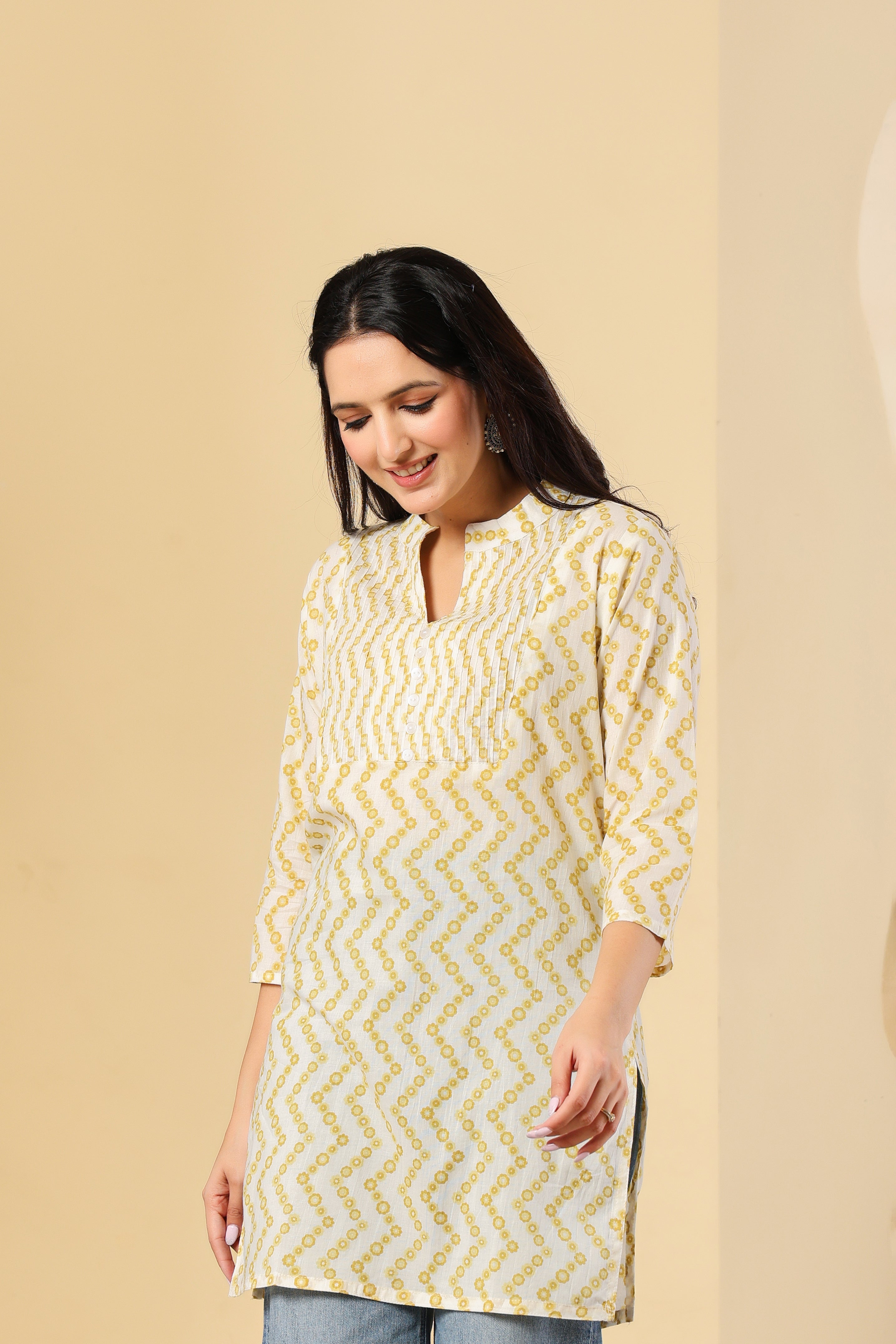 Yellow Zig-Zag Printed Cotton Kurti for Women