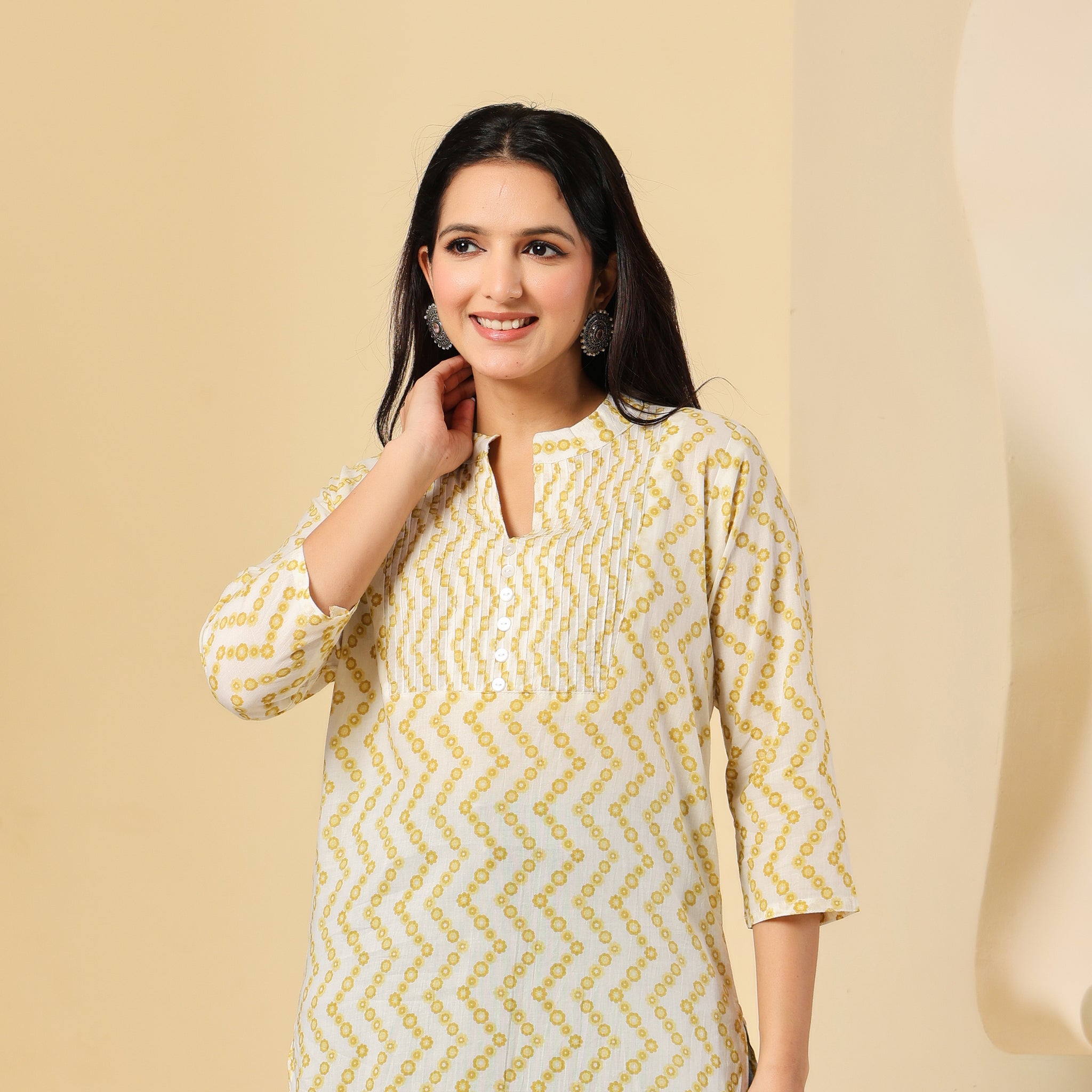 Yellow Zig-Zag Printed Cotton Kurti for Women