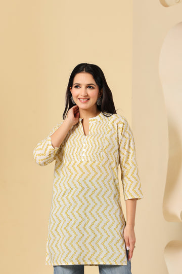 Yellow Zig-Zag Printed Cotton Kurti for Women