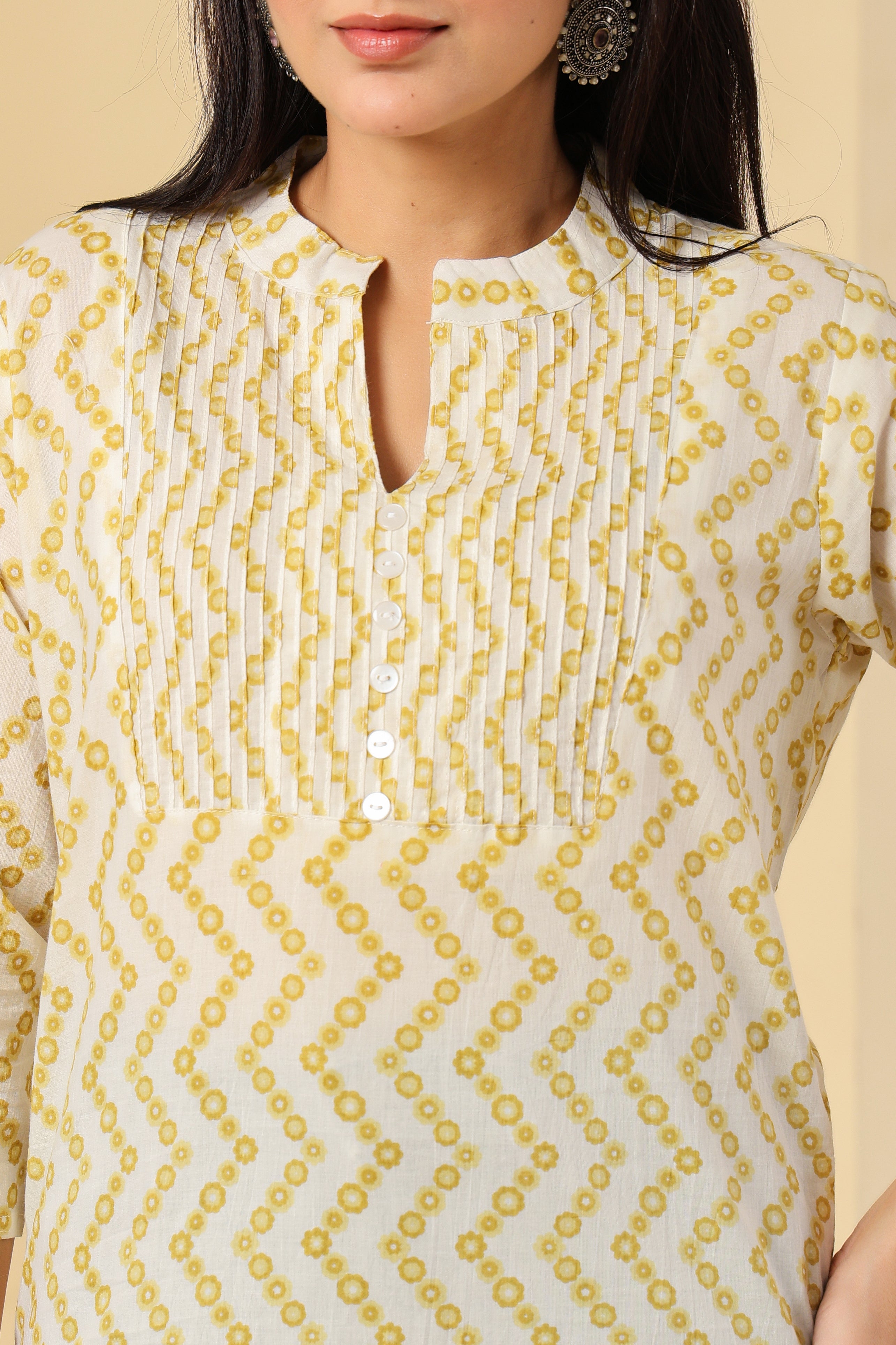 Yellow Zig-Zag Printed Cotton Kurti for Women