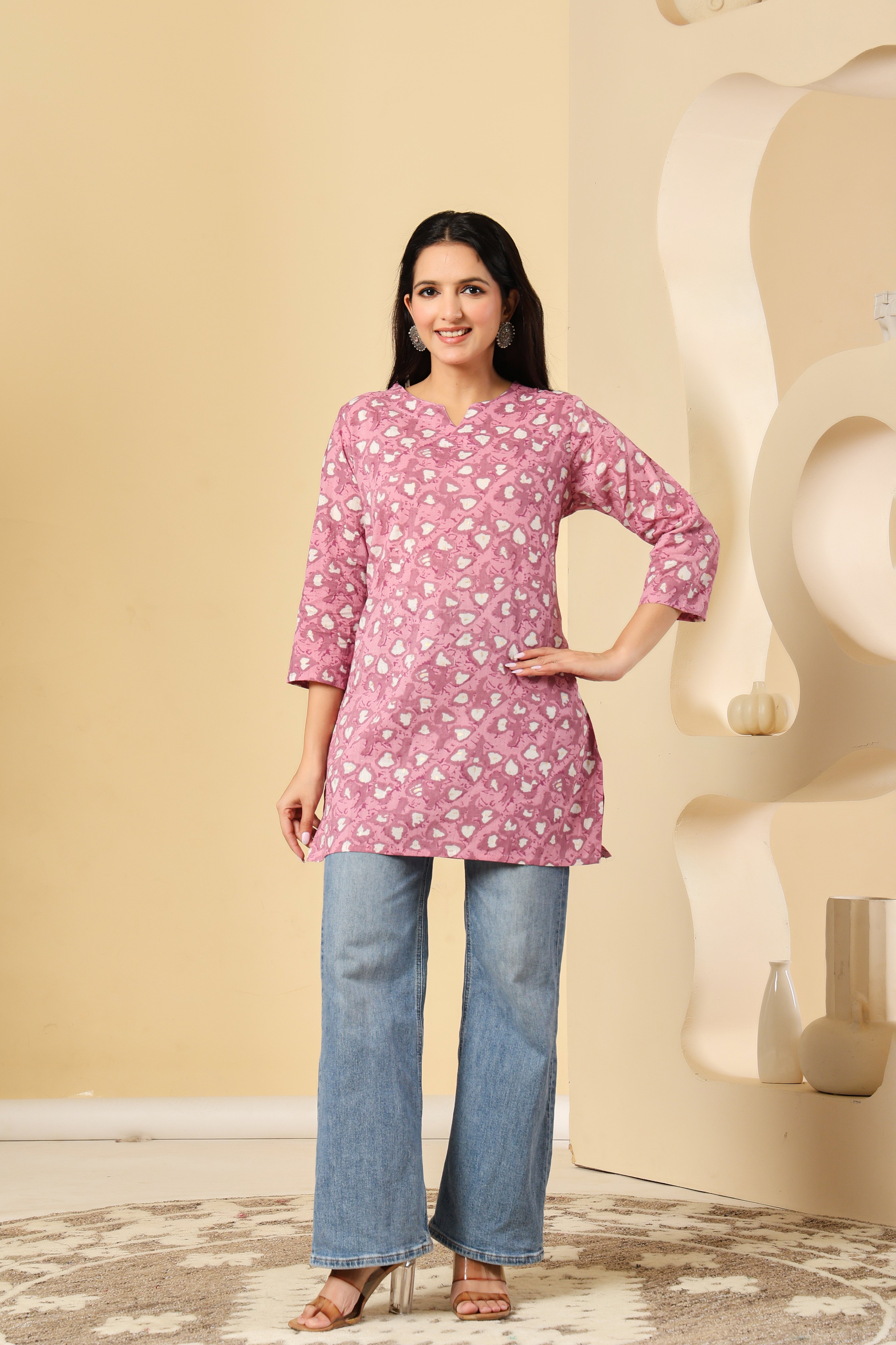 Pink Printed Cotton Kurti with 3/4th Sleeves – Casual & Chic