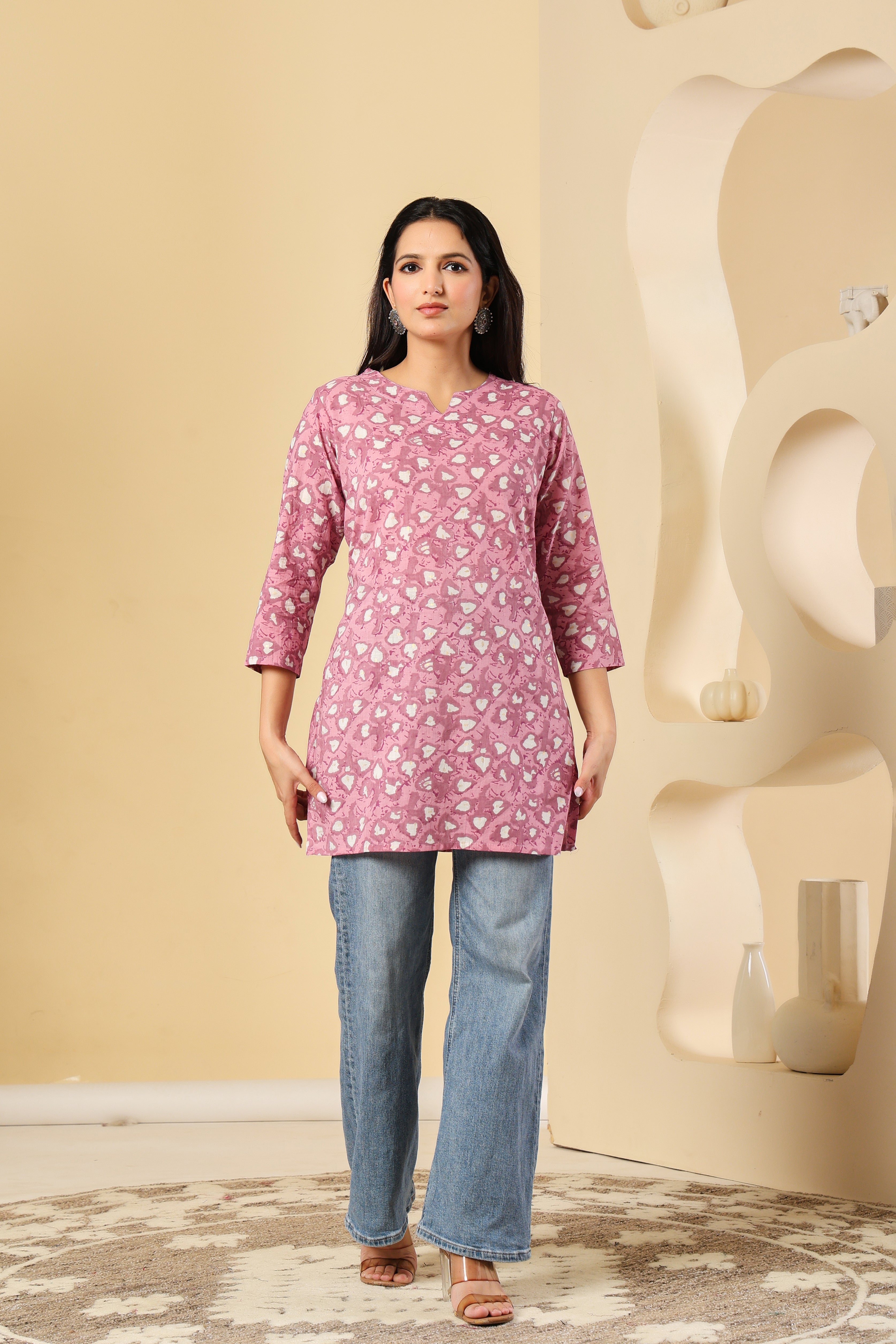 Pink Printed Cotton Kurti with 3/4th Sleeves – Casual & Chic
